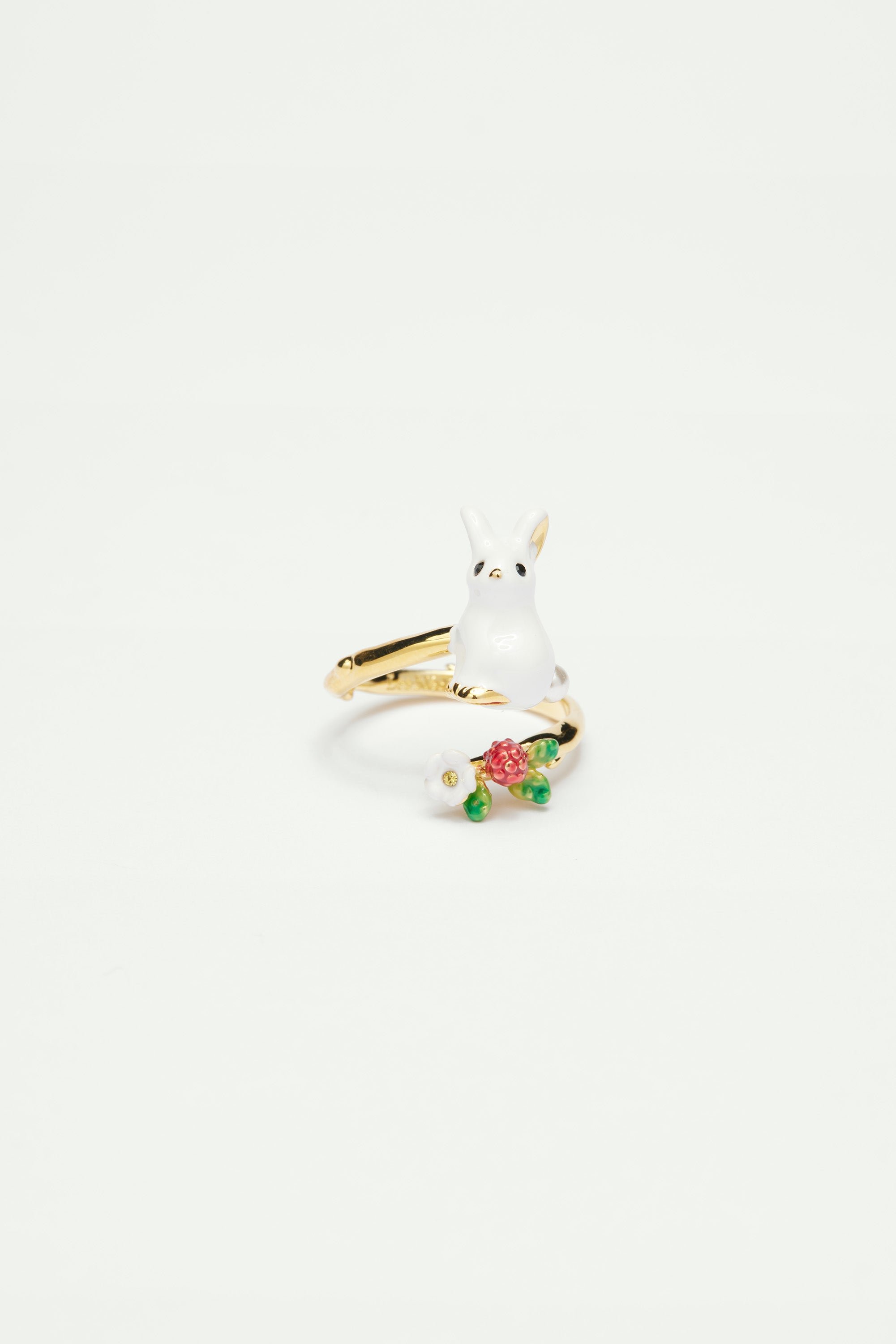 Adjustable ring with rabbit and flower LES NEREIDES White