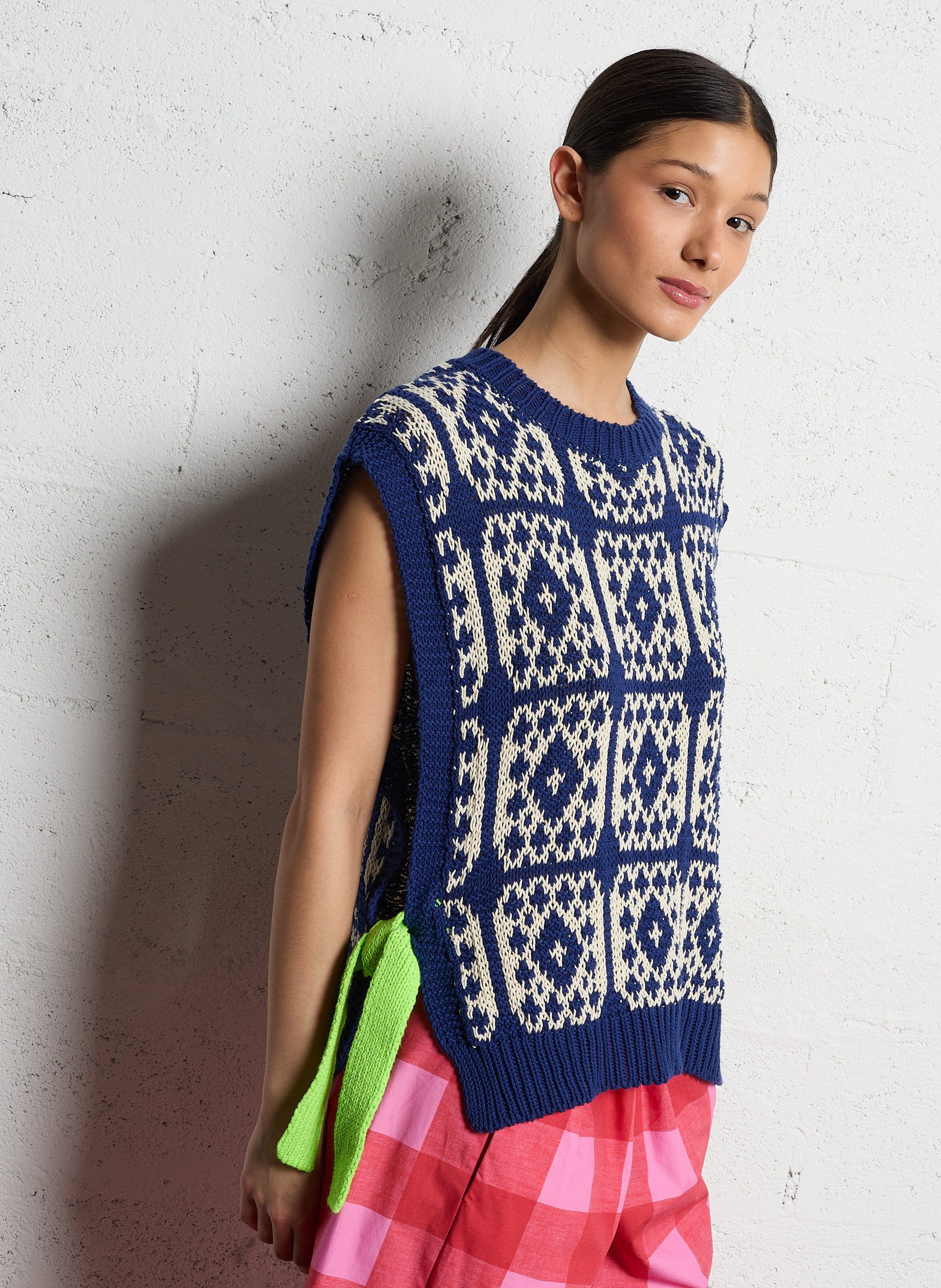 Pull col rond en coton Bleu