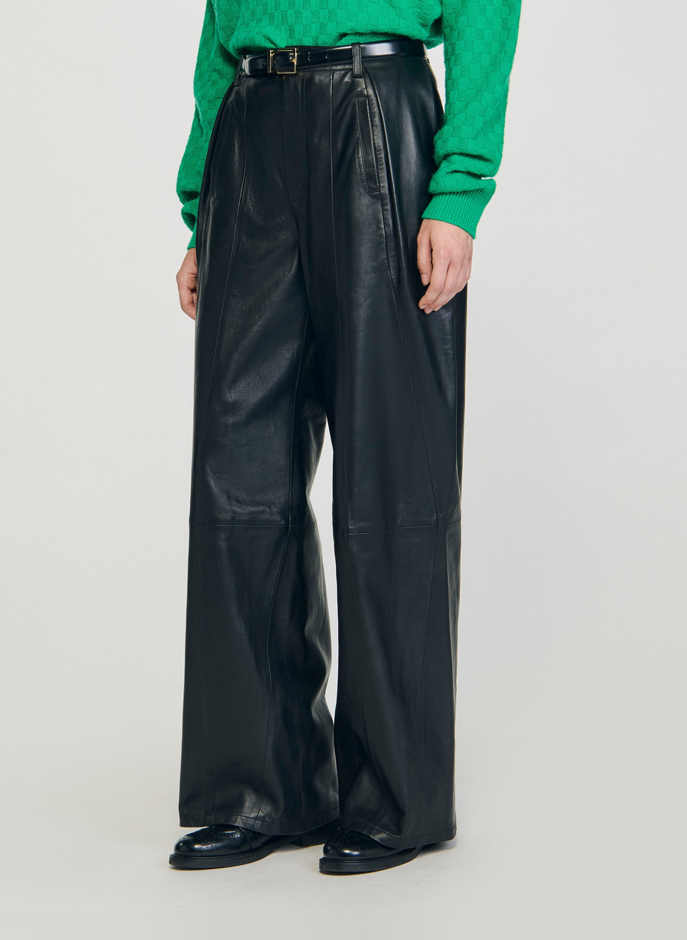 Pantalon large taille haute en cuir SANDRO Noir