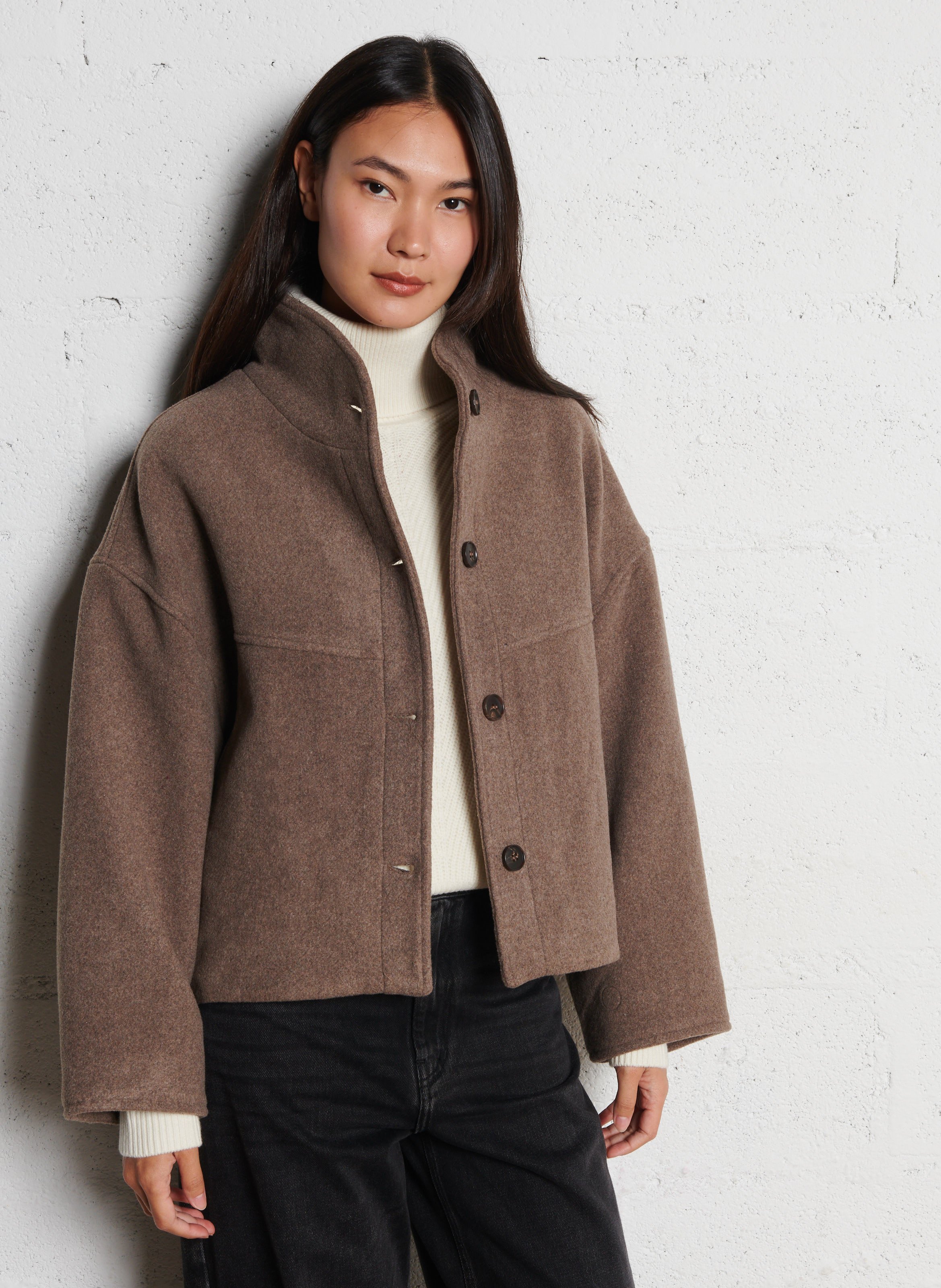 Cropped loose-fit wool-blend coat SEE U SOON