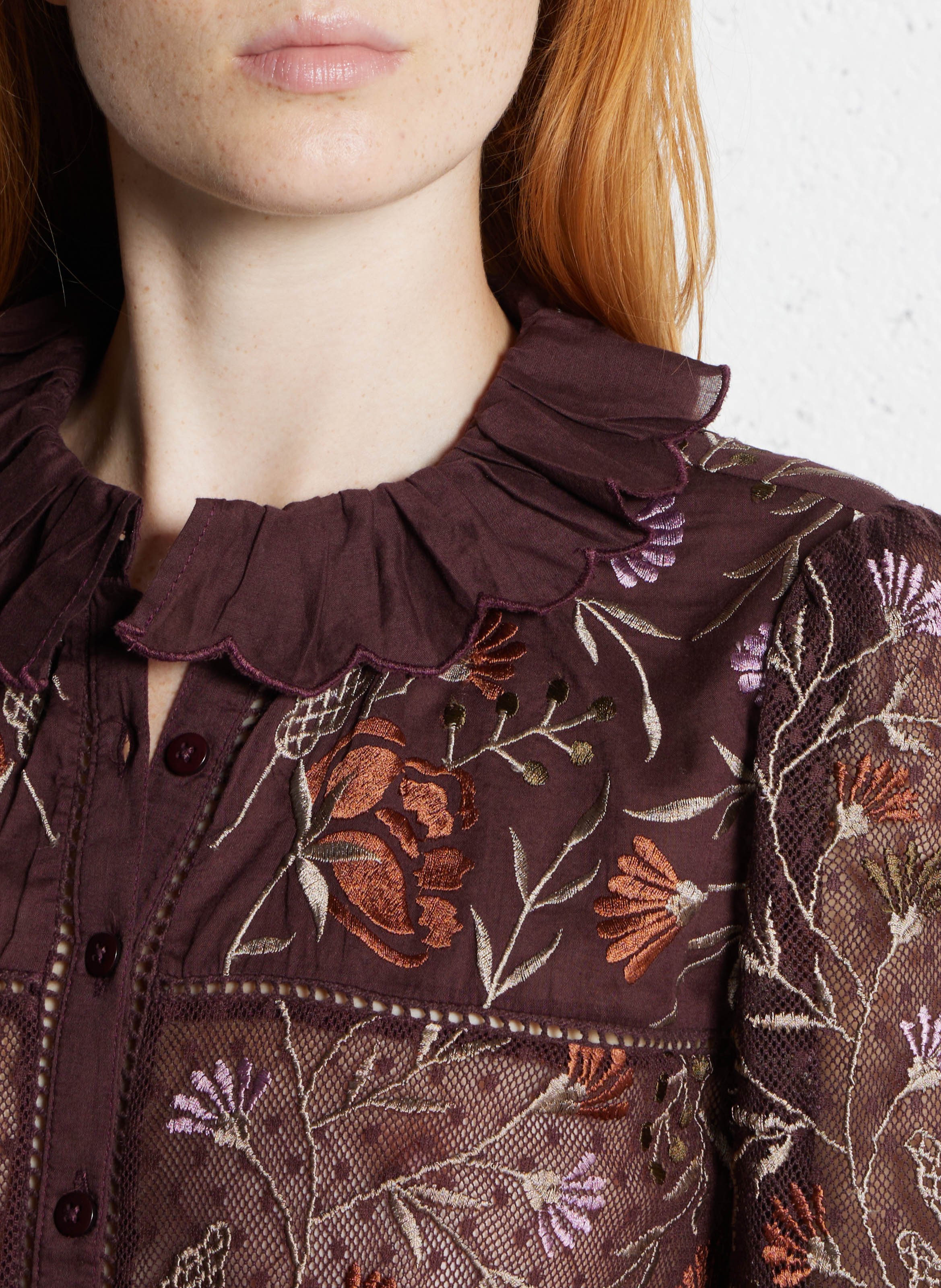 Straight long-sleeved embroidered shirt. ANTIK BATIK Plums