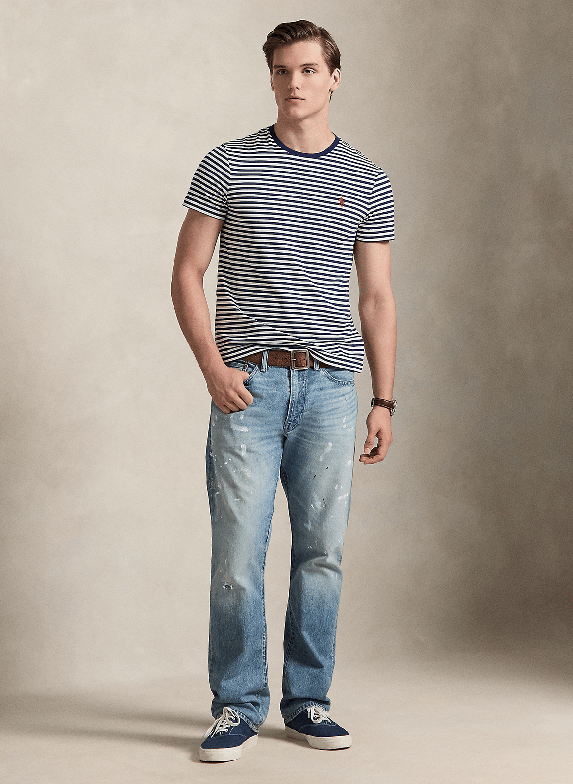 Camiseta recta con cuello redondo de algodón de rayas POLO RALPH LAUREN Azul