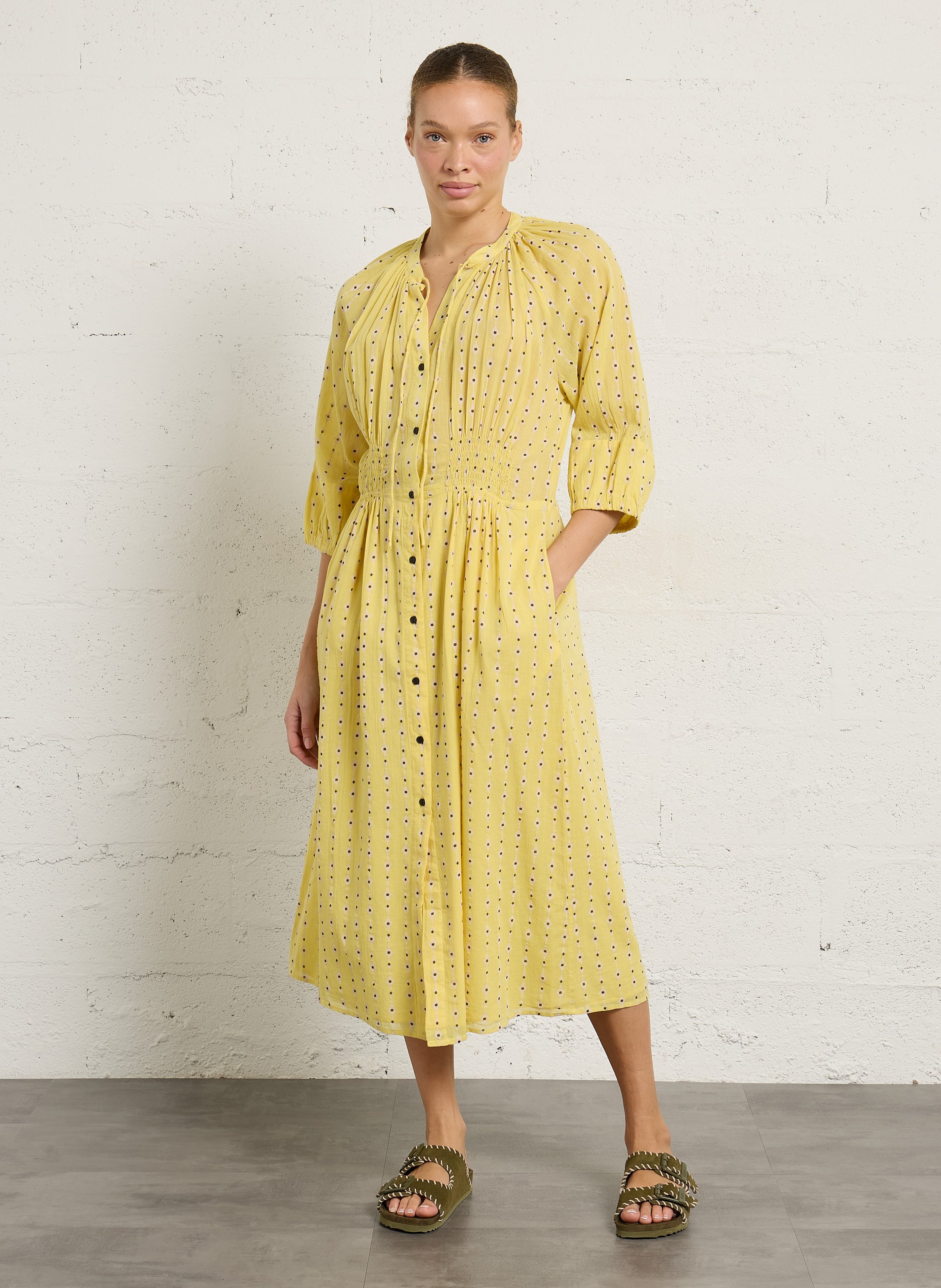 Langes Rundhals-Bio-Baumwolldruckkleid LEON & HARPER Gelb