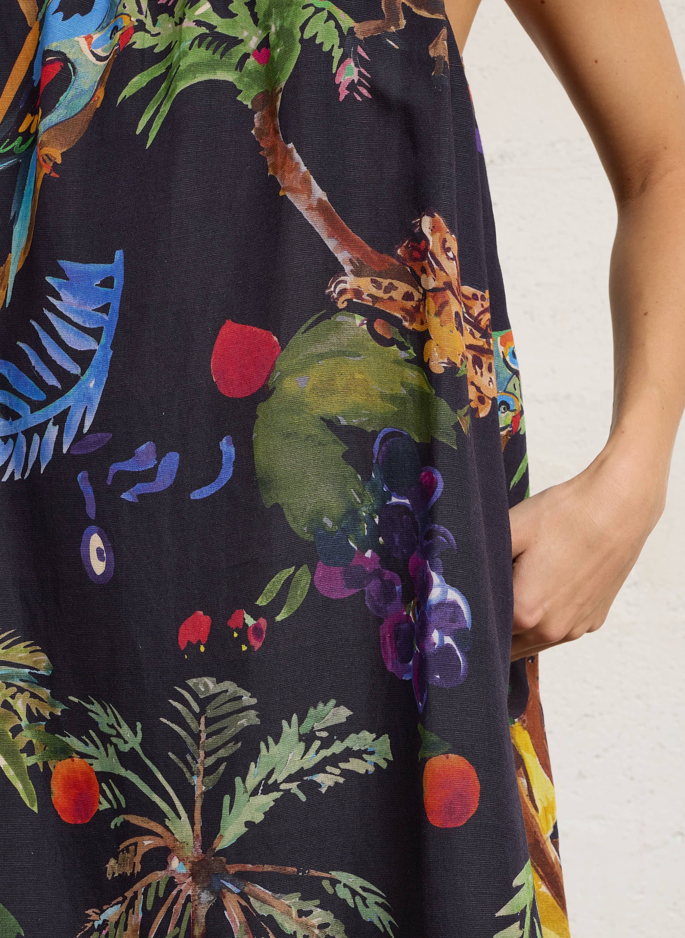 Long round neck dress in printed blended linen G.KERO Black