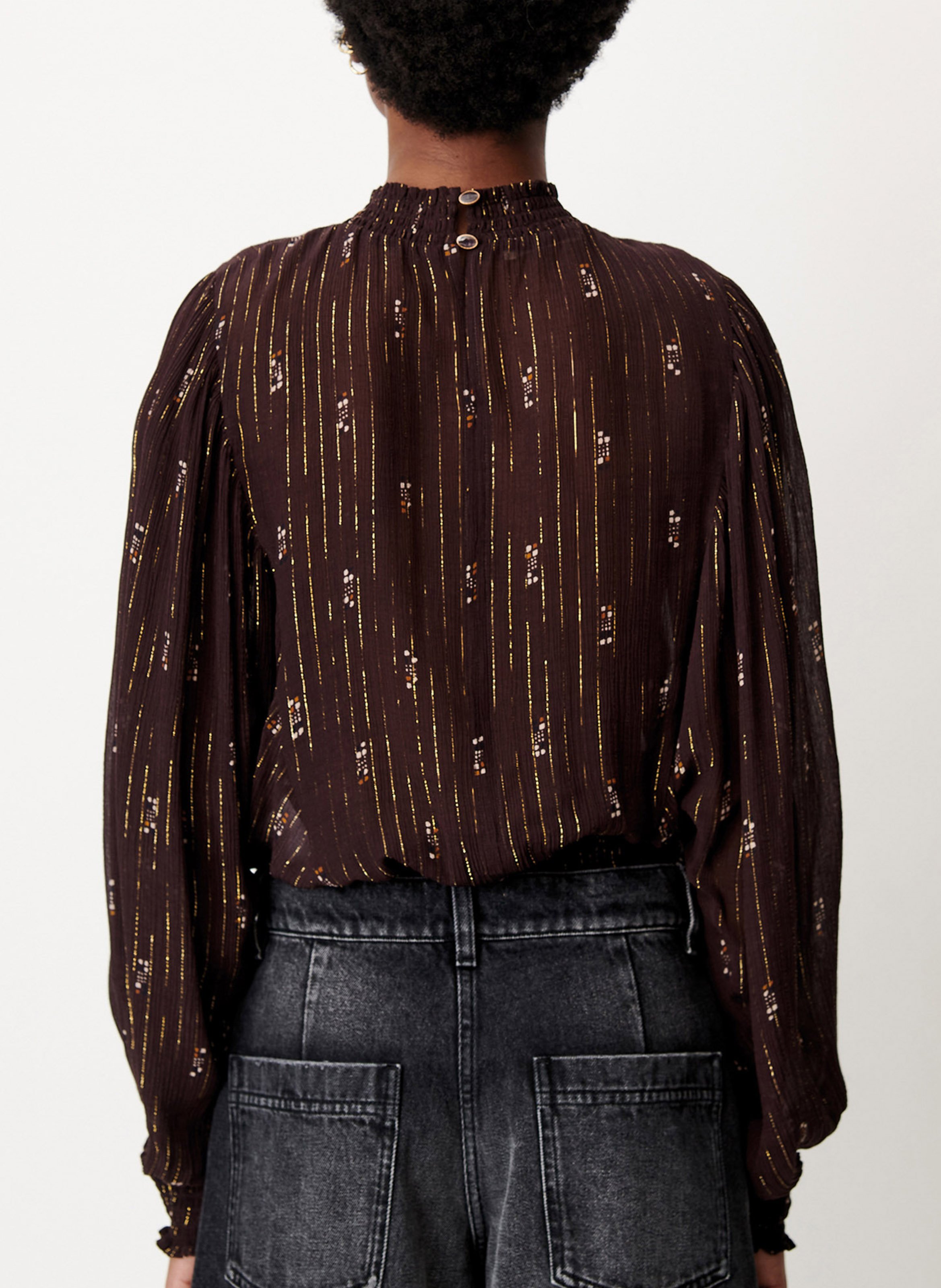 Blouse col montant droite imprimée SESSUN Marron