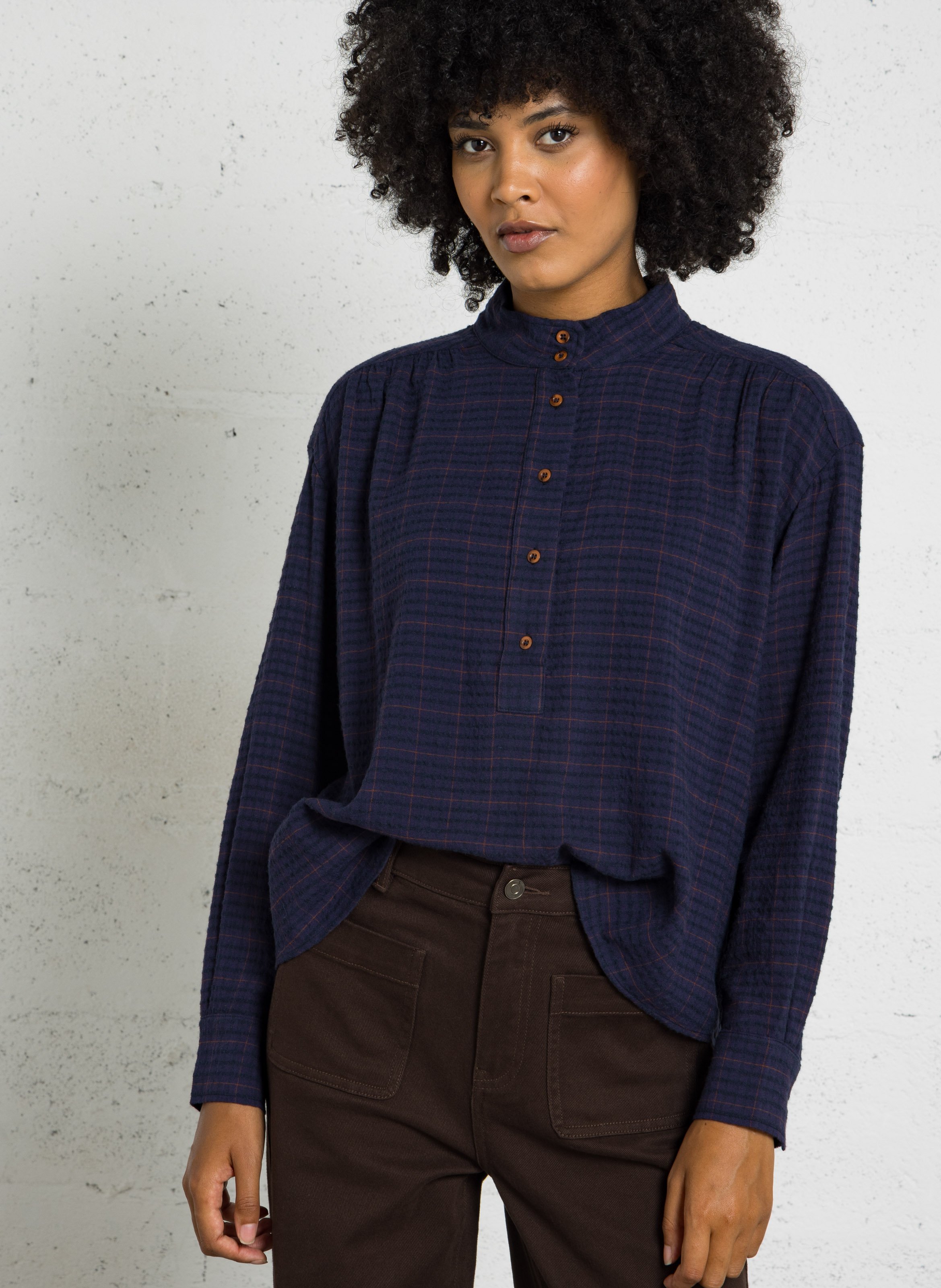 Straight cotton Mao collar blouse SACRECOEUR Blue