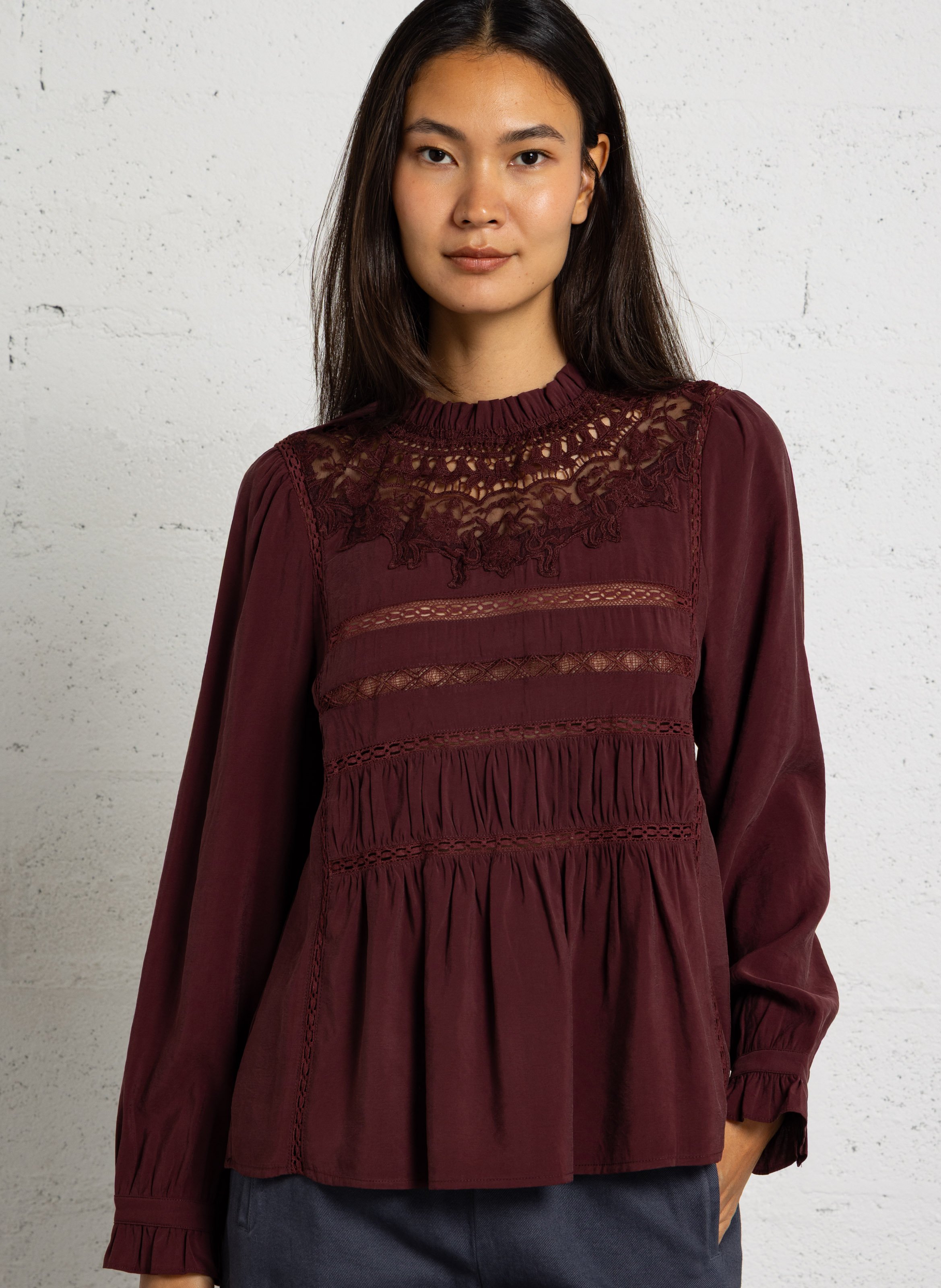 Blouse col montant en coton mélangé SEE U SOON Violet