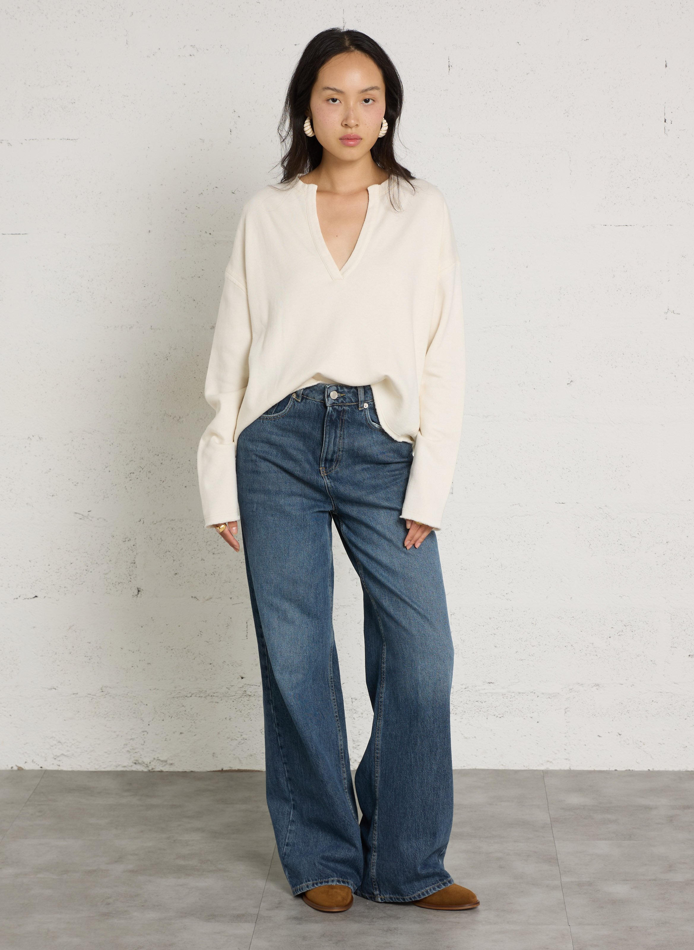 Rechte sweater met V-hals van katoenmix HARTFORD Beige