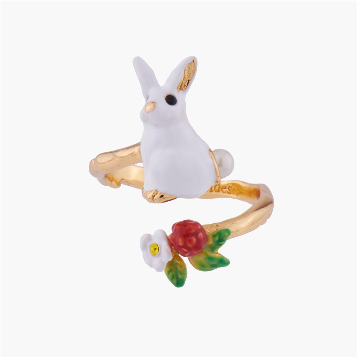 Adjustable ring with rabbit and flower LES NEREIDES White
