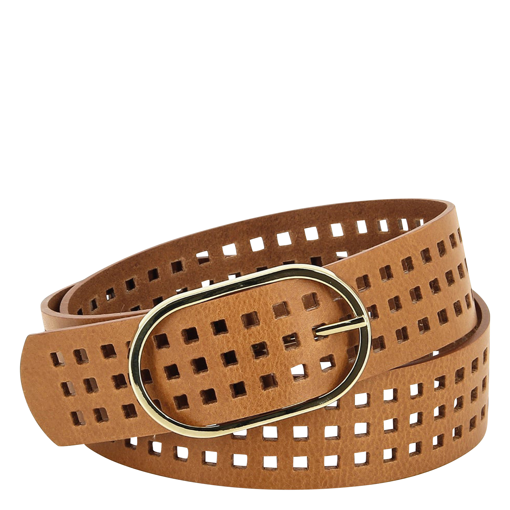 Ceinture ajourée à boucle ovale en cuir lisse HERBERT FRERE SOEUR Marron