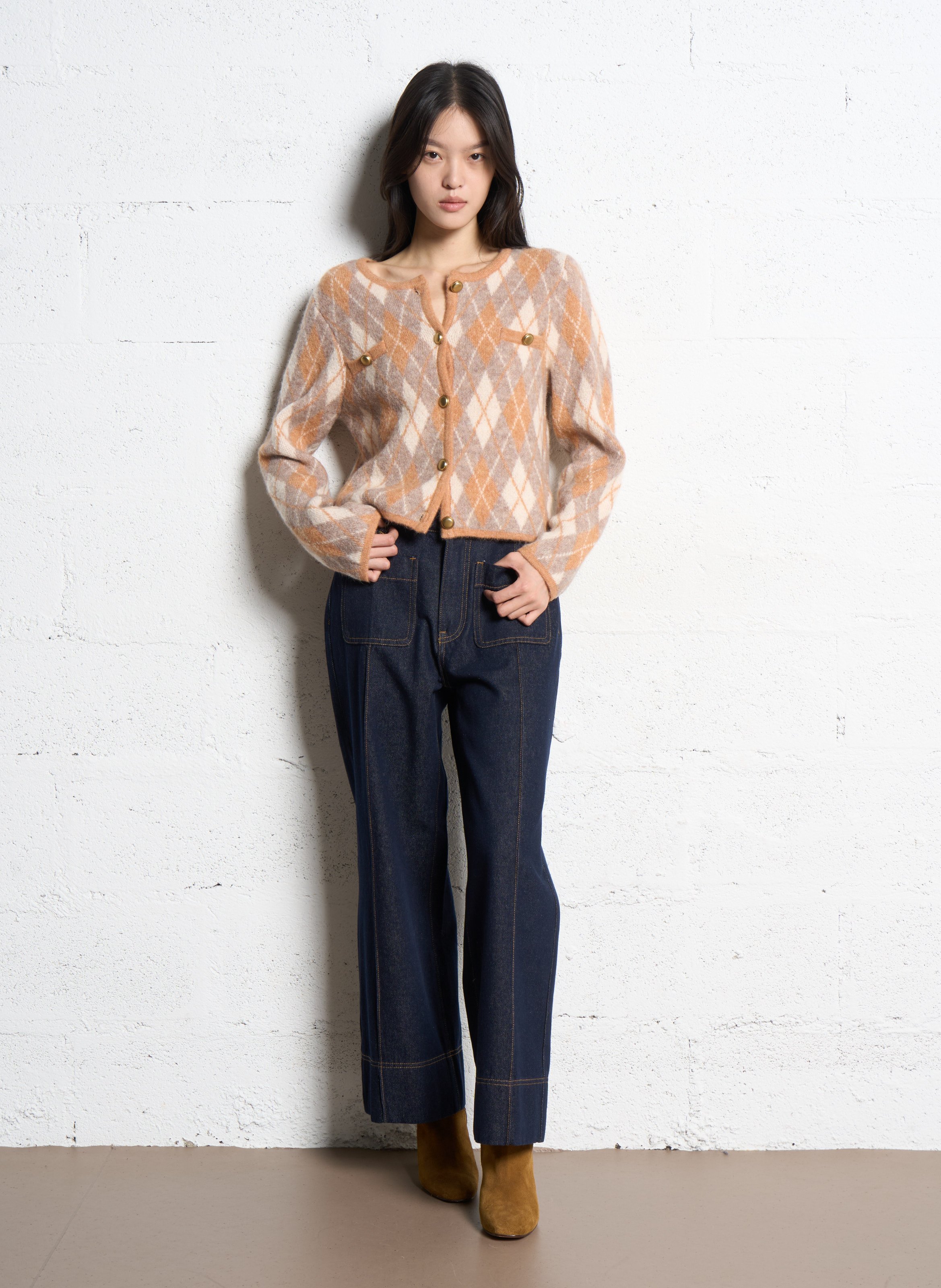 Gilet court col rond en jacquard SUNCOO Beige