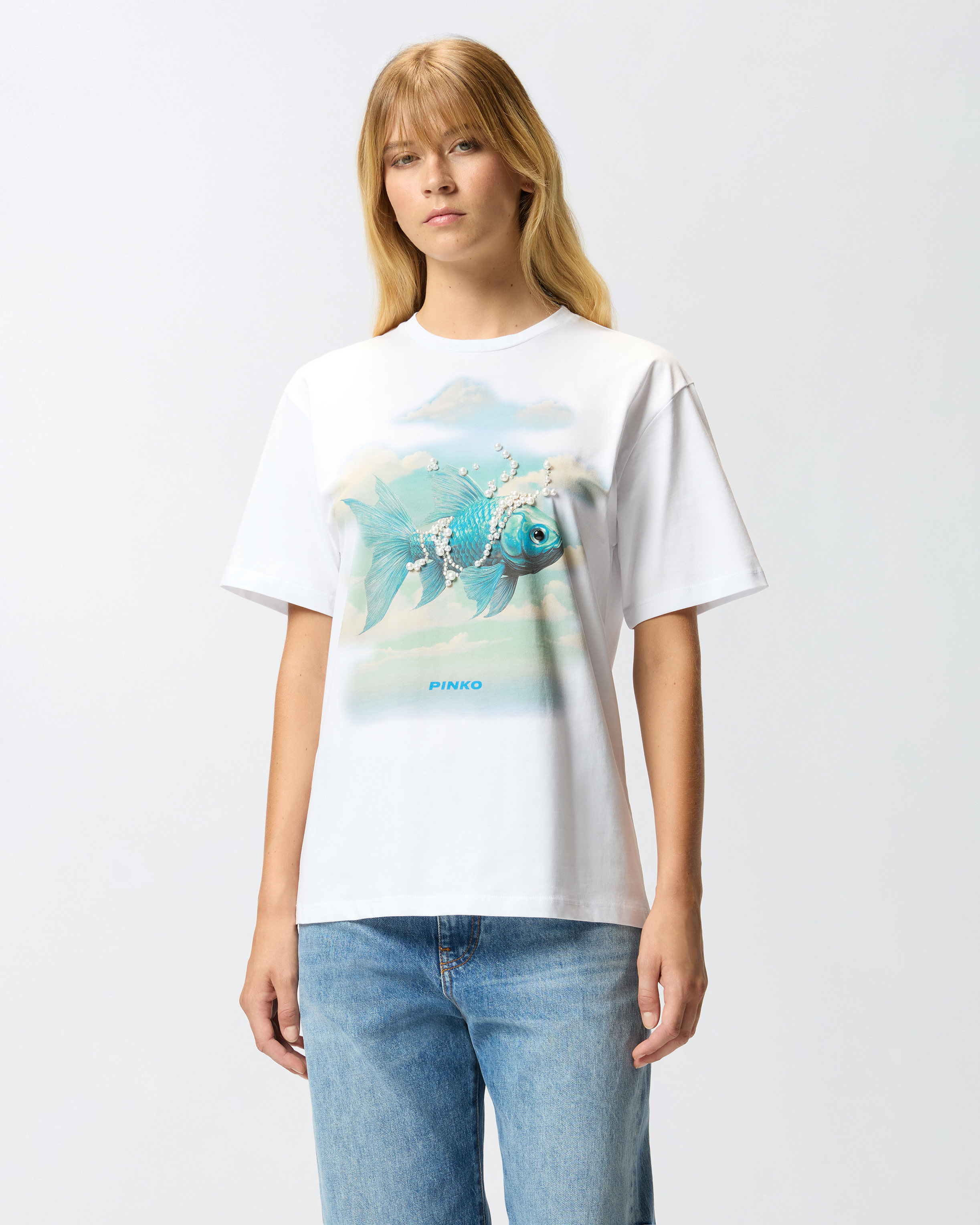 Printed T-shirt with appliqués PINKO White
