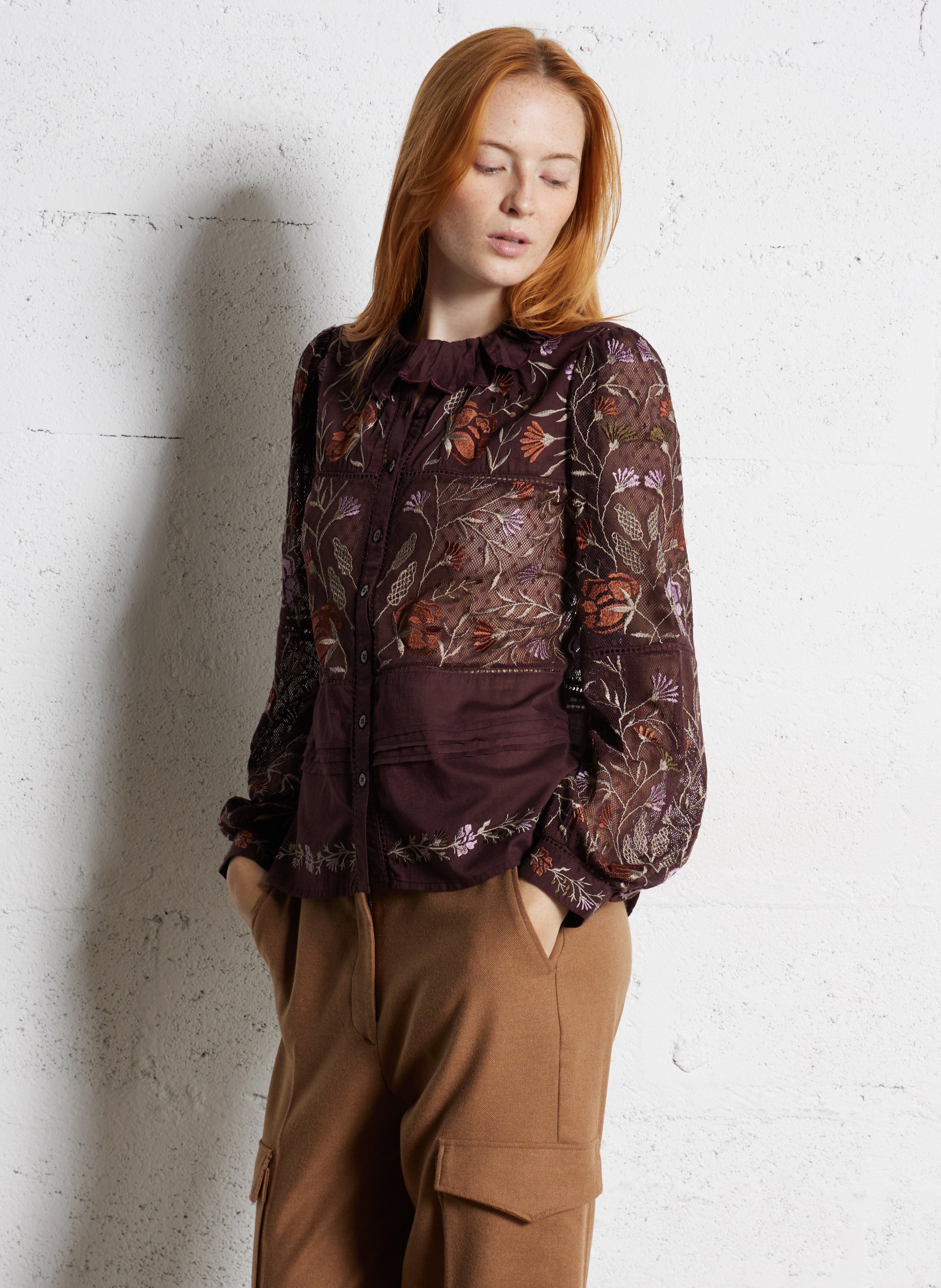 Straight long-sleeved embroidered shirt. ANTIK BATIK Plums