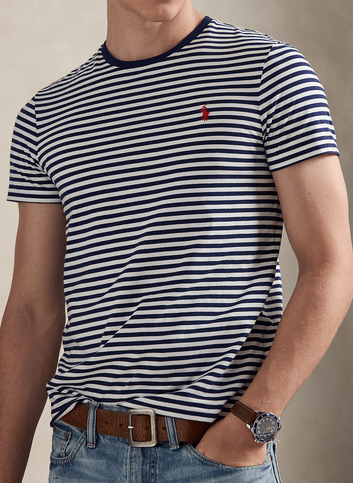 Camiseta recta con cuello redondo de algodón de rayas POLO RALPH LAUREN Azul