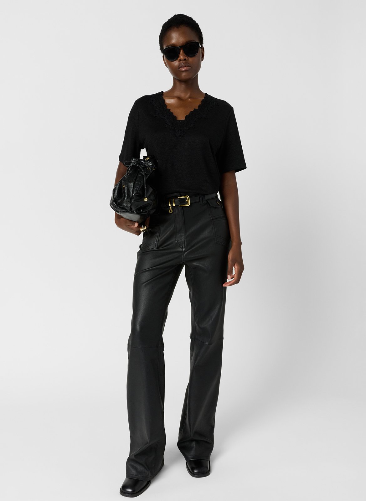 Leinen-T-Shirt mit V-Ausschnitt und Spitze GERARD DAREL Schwarz