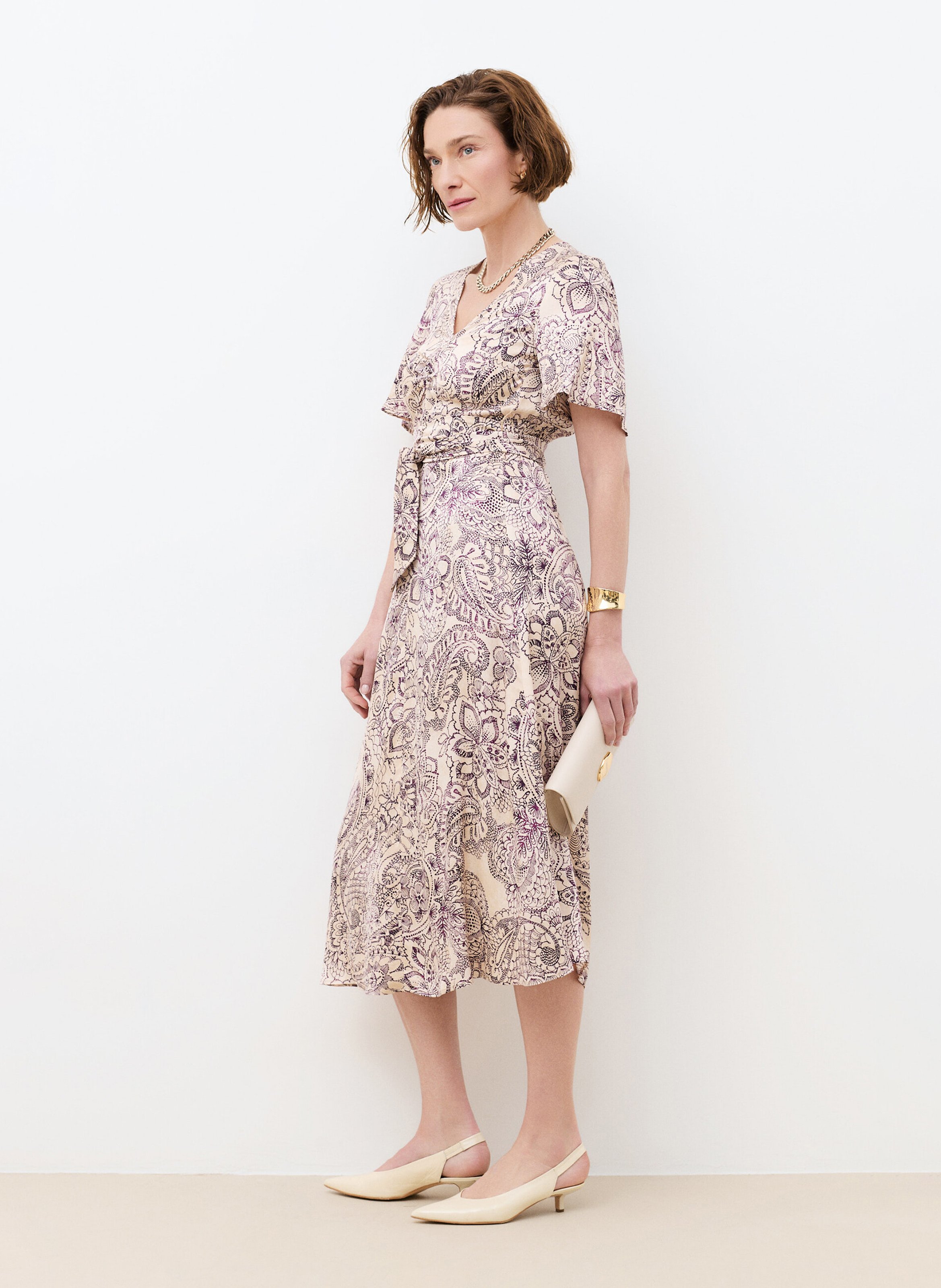 Robe midi col V imprimée CAROLL Beige