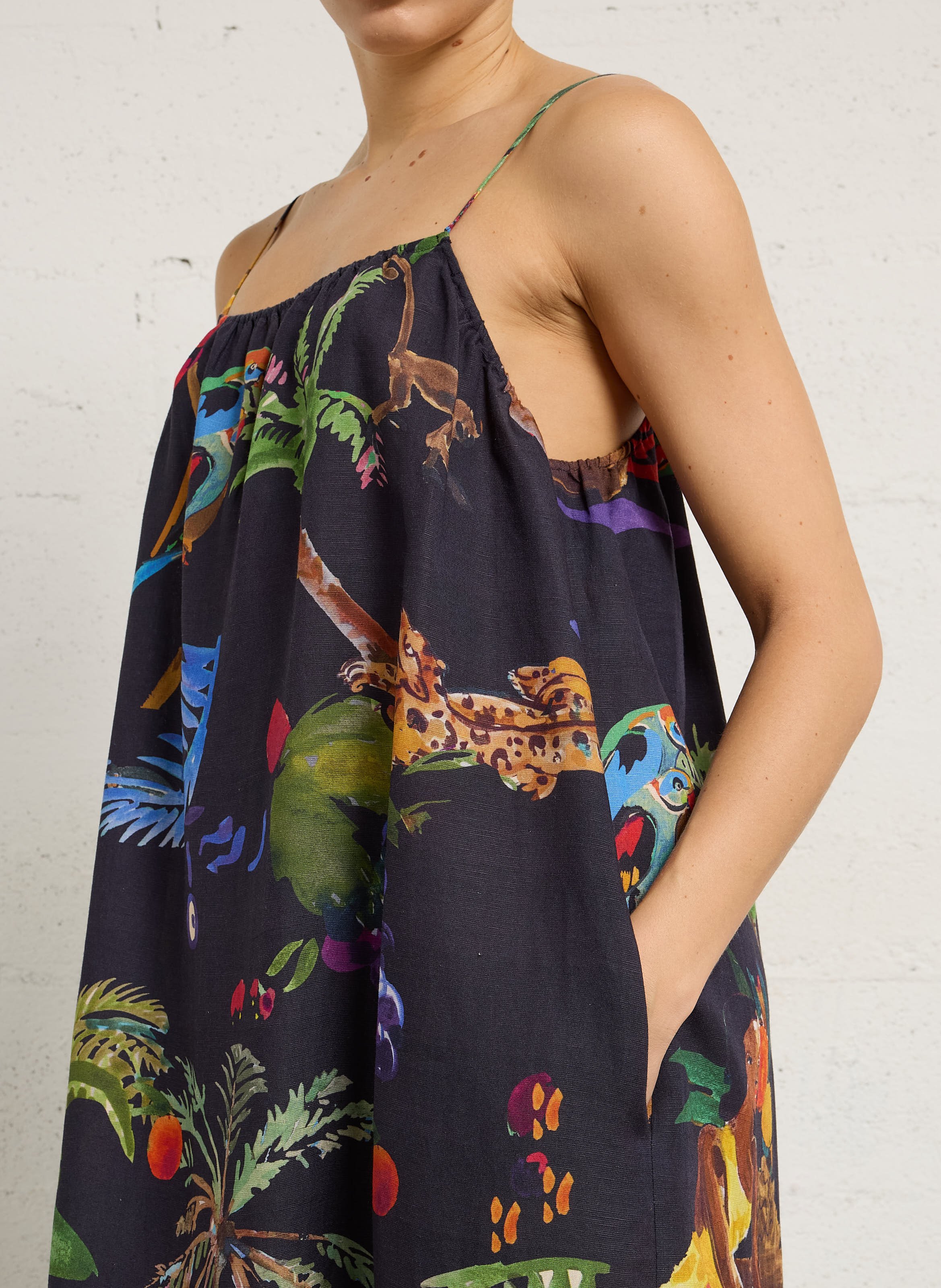 Long round neck dress in printed blended linen G.KERO Black