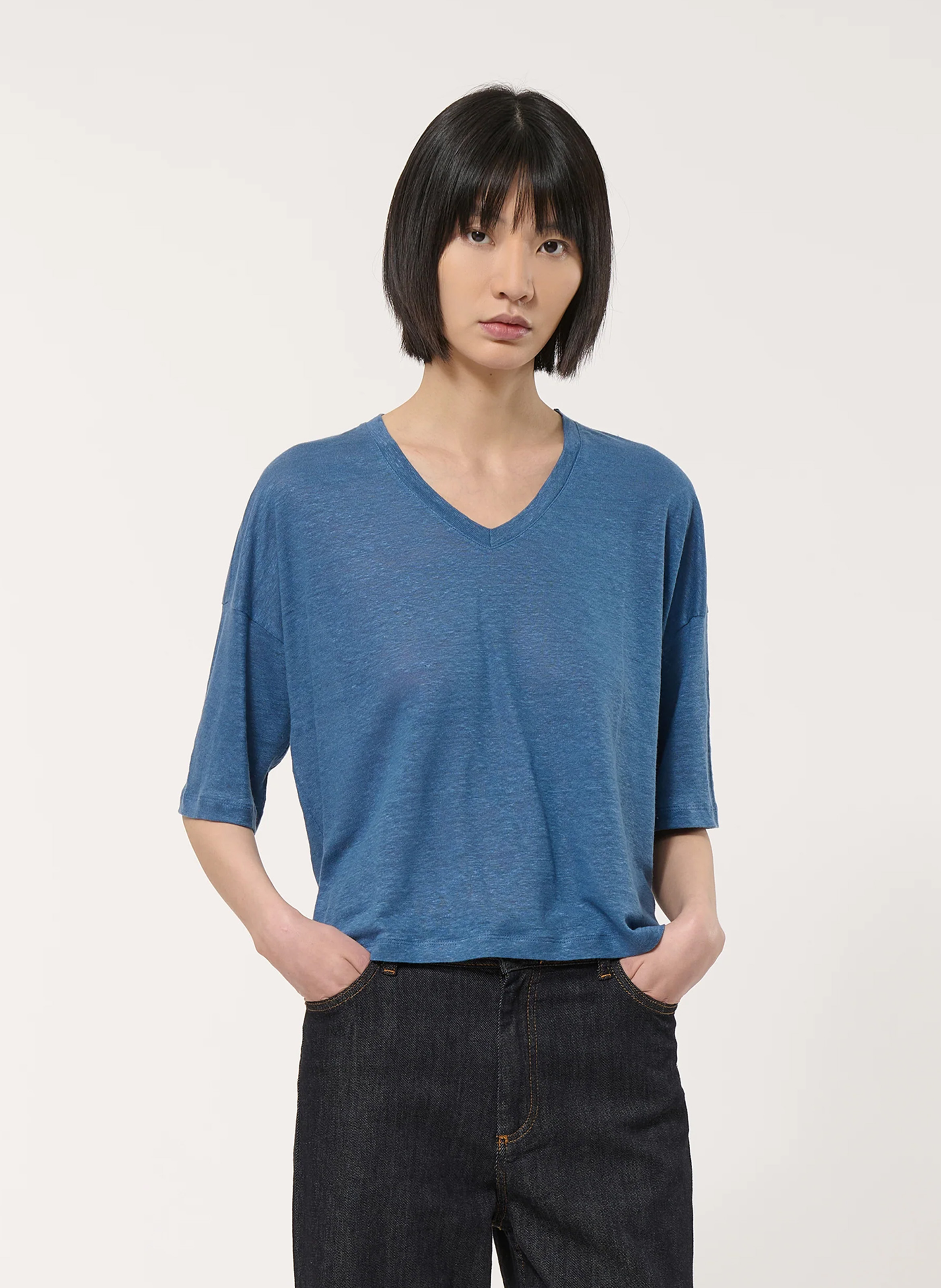 Fine linen V-neck sweater HUMILITY Blue