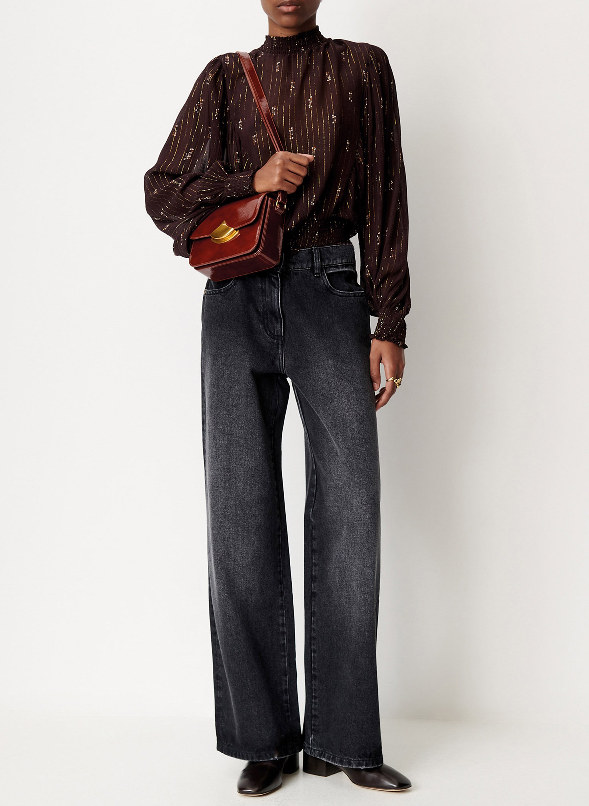 Blouse col montant droite imprimée SESSUN Marron