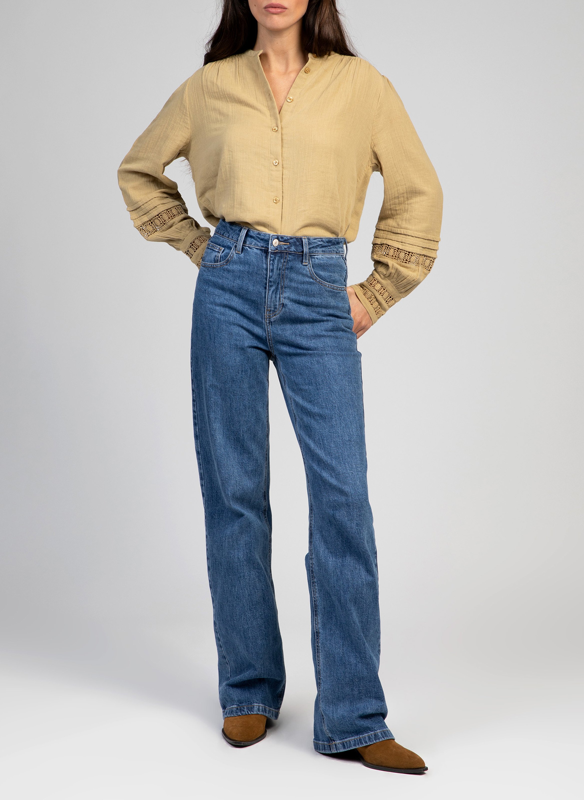 Straight blouse with fancy details AN'GE Khaki