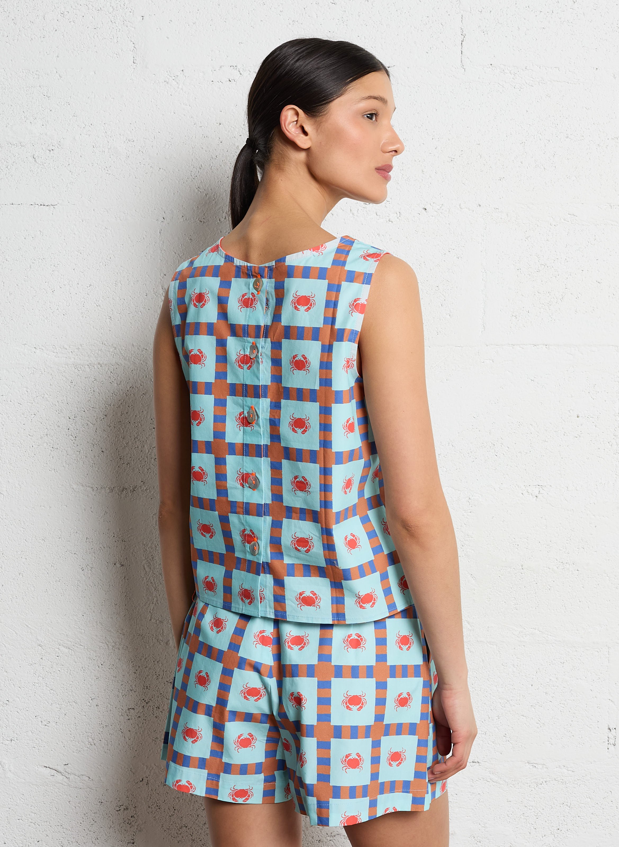 Top col rond droit en coton imprimé Bleu