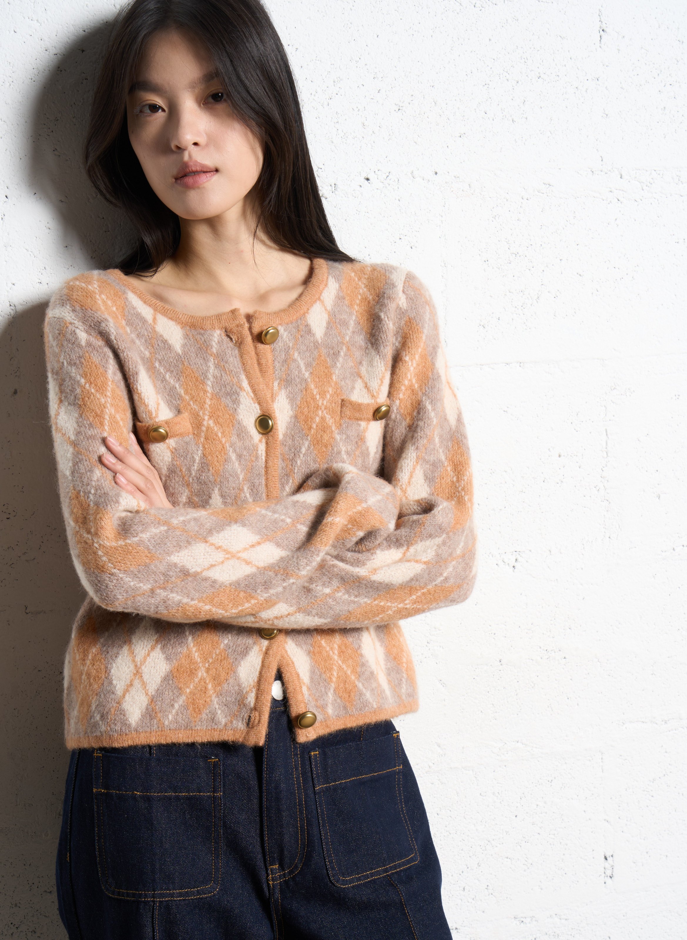 Gilet court col rond en jacquard SUNCOO Beige