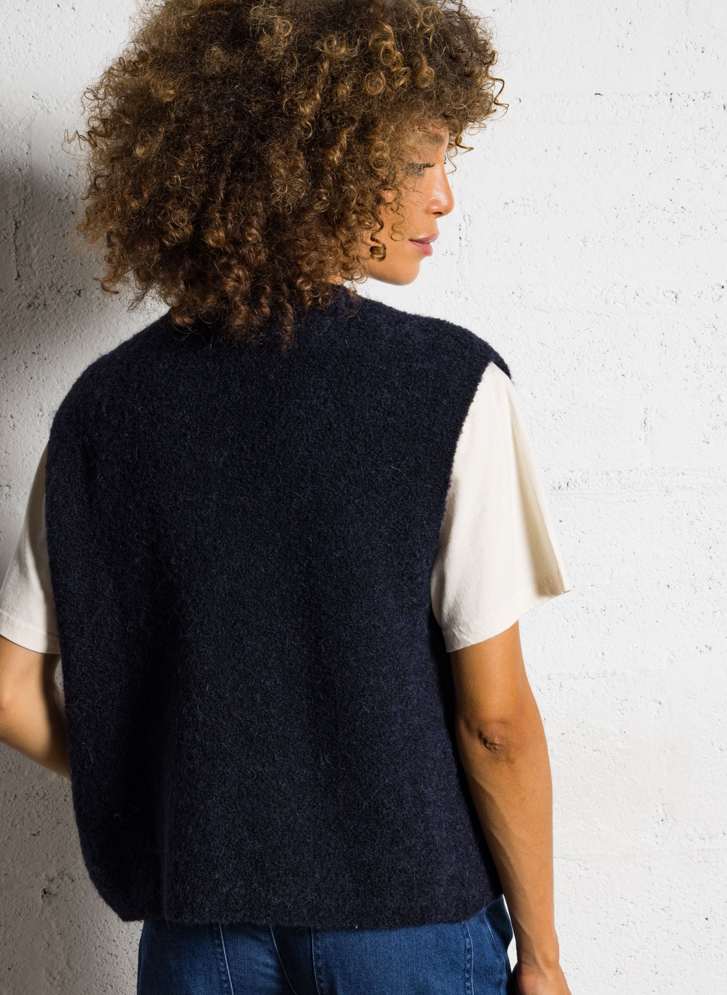 Round-neck mixed-knit cardigan DES PETITS HAUTS Blue