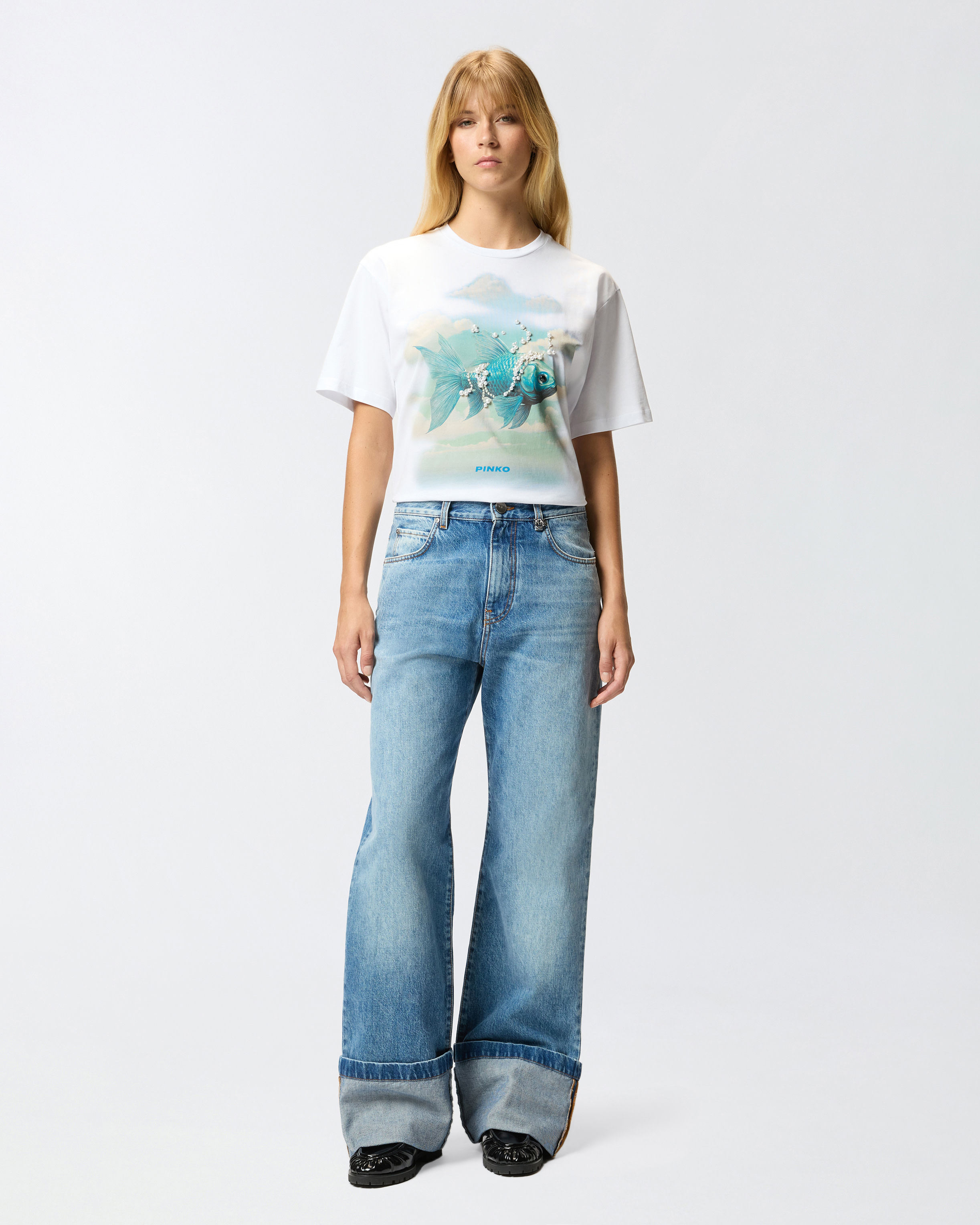 Printed T-shirt with appliqués PINKO White