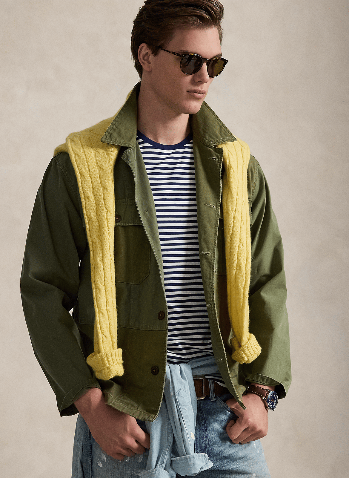 Camiseta recta con cuello redondo de algodón de rayas POLO RALPH LAUREN Azul