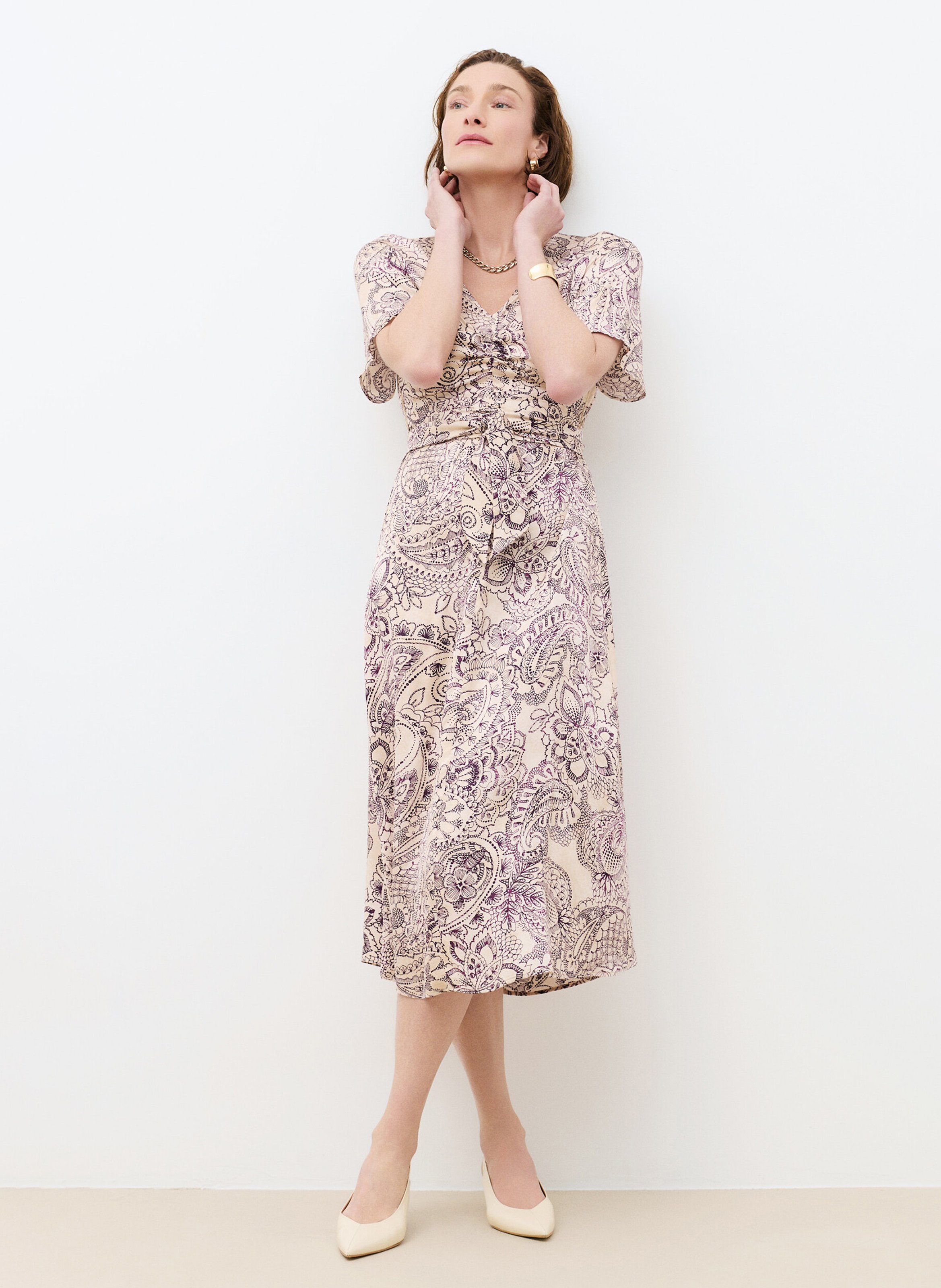 Robe midi col V imprimée CAROLL