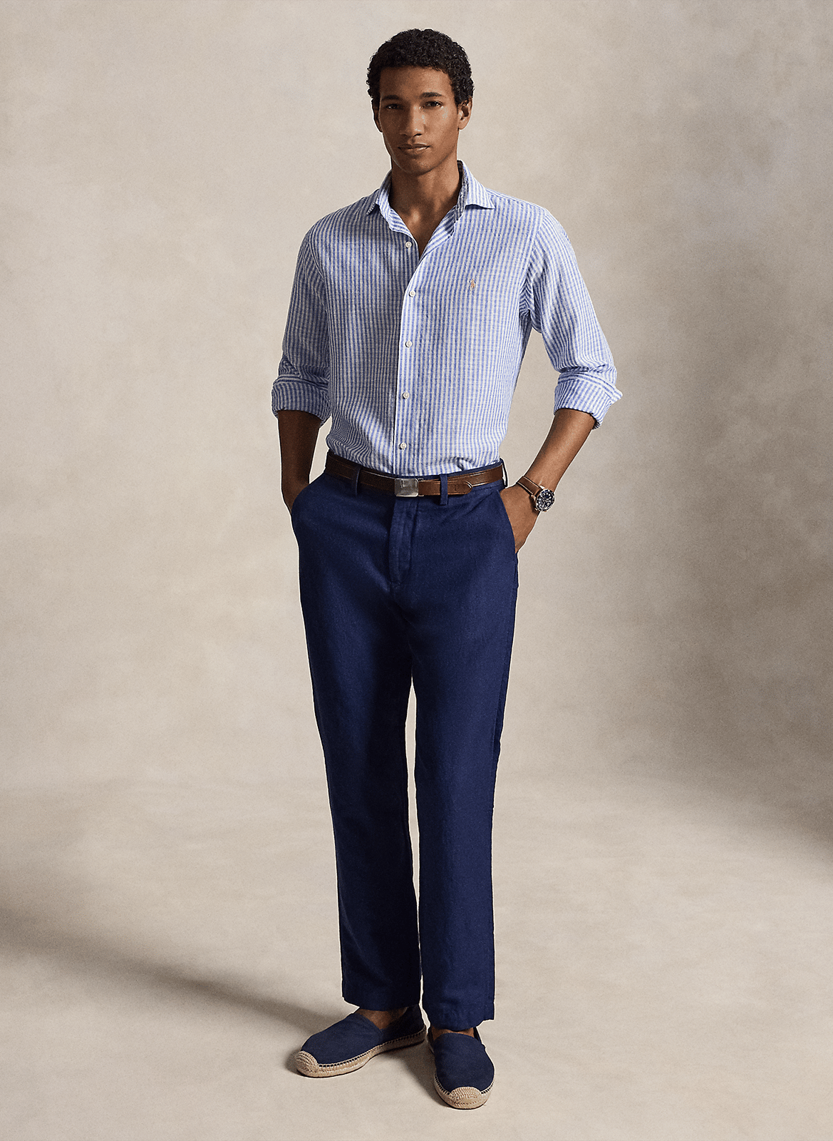 Straight classic collar shirt in striped linen and cotton Blue