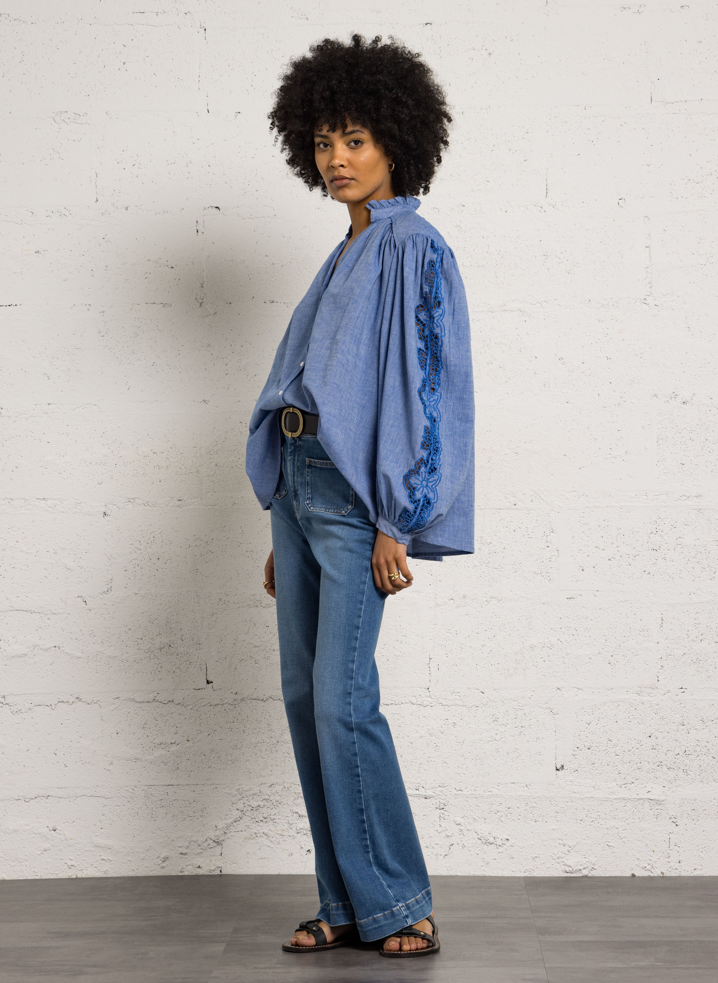 Blouse col volanté en coton FEEKA Bleu