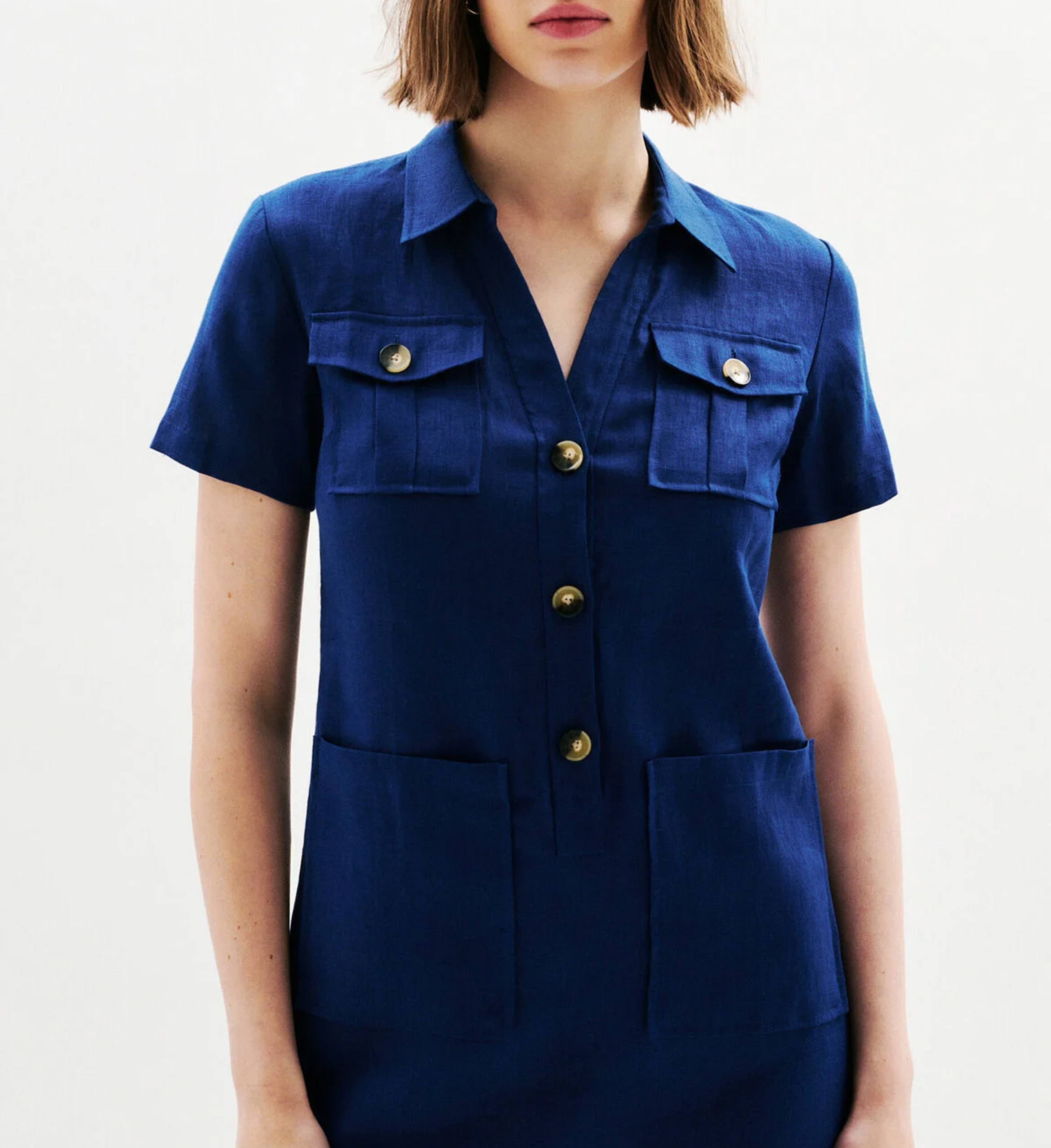 Robe courte droite boutonnée en lin CAROLL Bleu