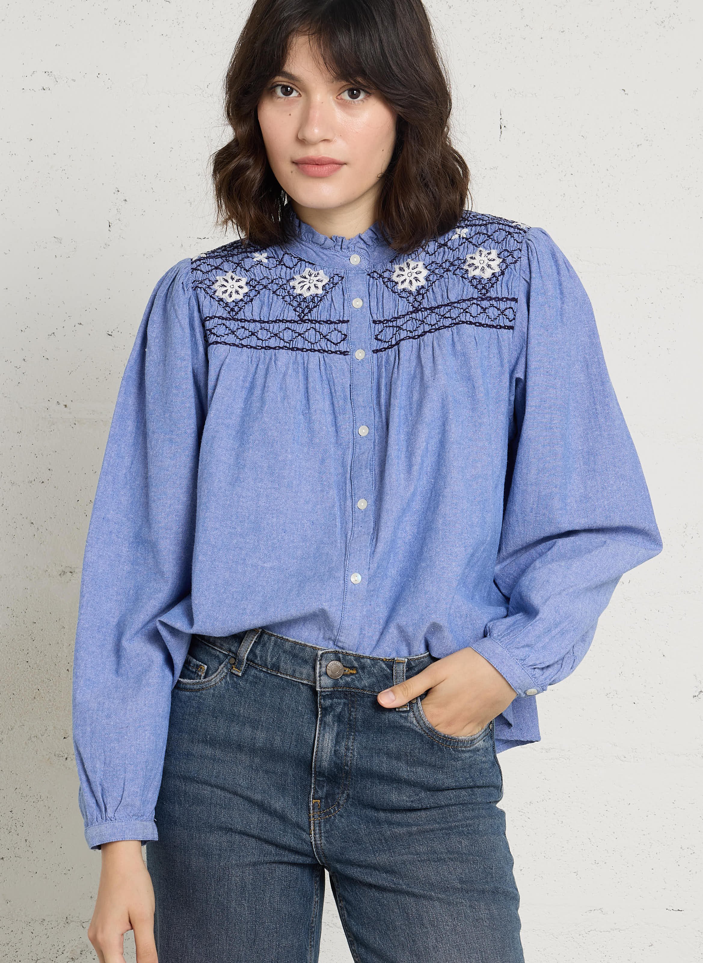 Bluse aus Bio-Baumwolle mit Rundhalskragen und Stickerei LOUISE MISHA Blau