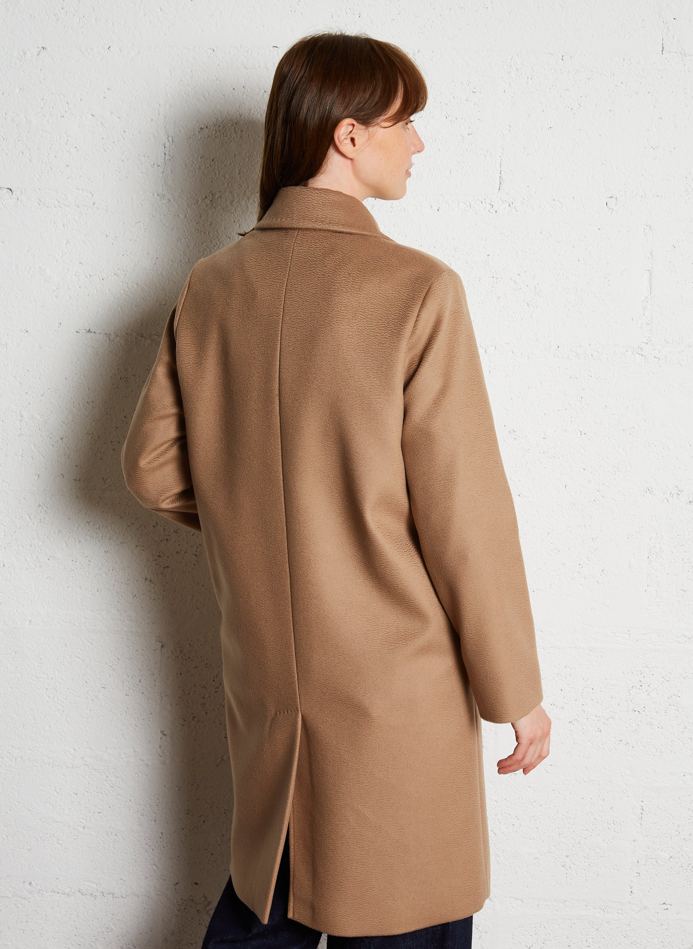 Manteau droit col tailleur en laine Beige