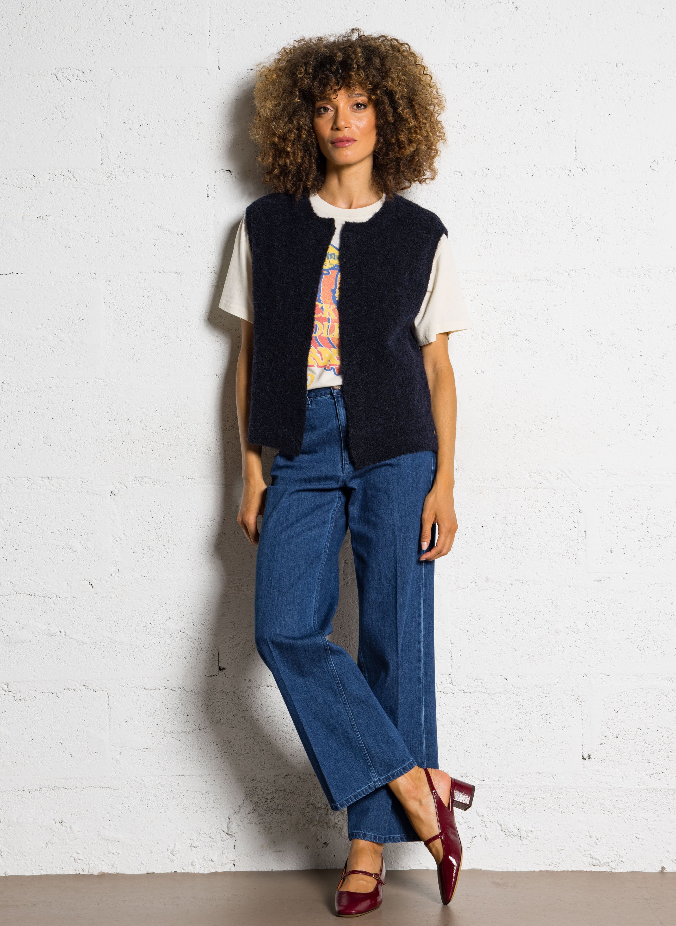 Round-neck mixed-knit cardigan DES PETITS HAUTS Blue