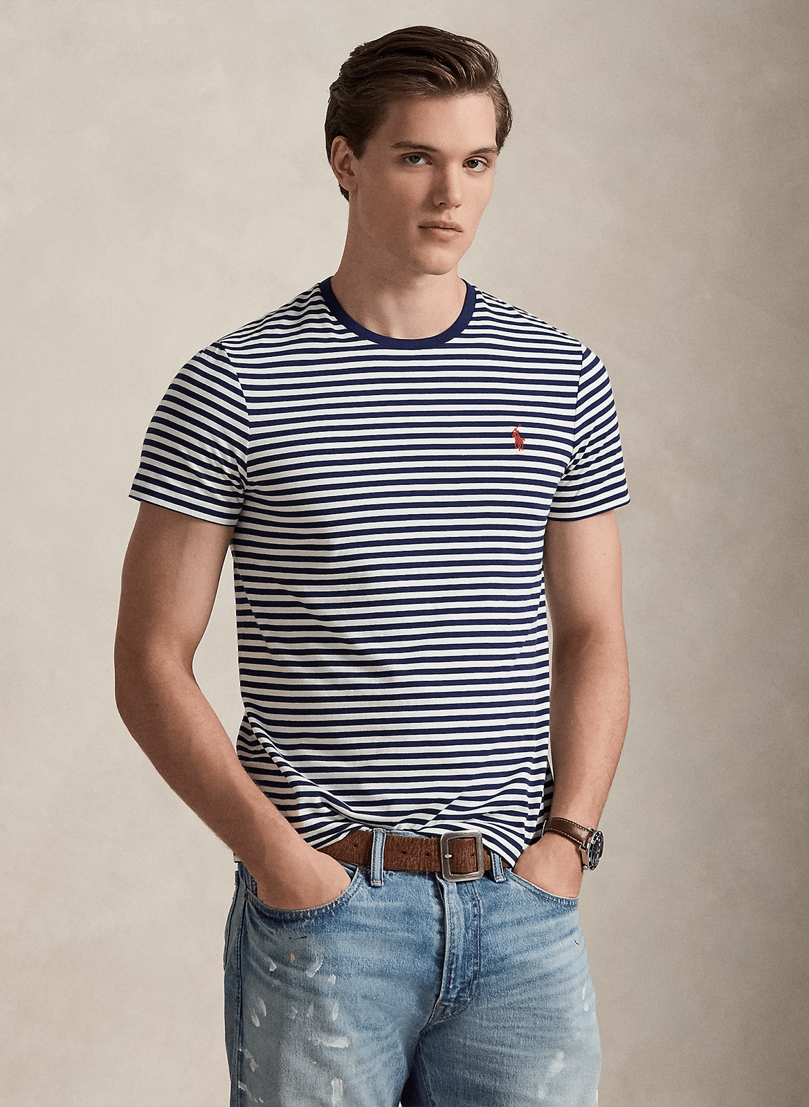 Camiseta recta con cuello redondo de algodón de rayas POLO RALPH LAUREN Azul