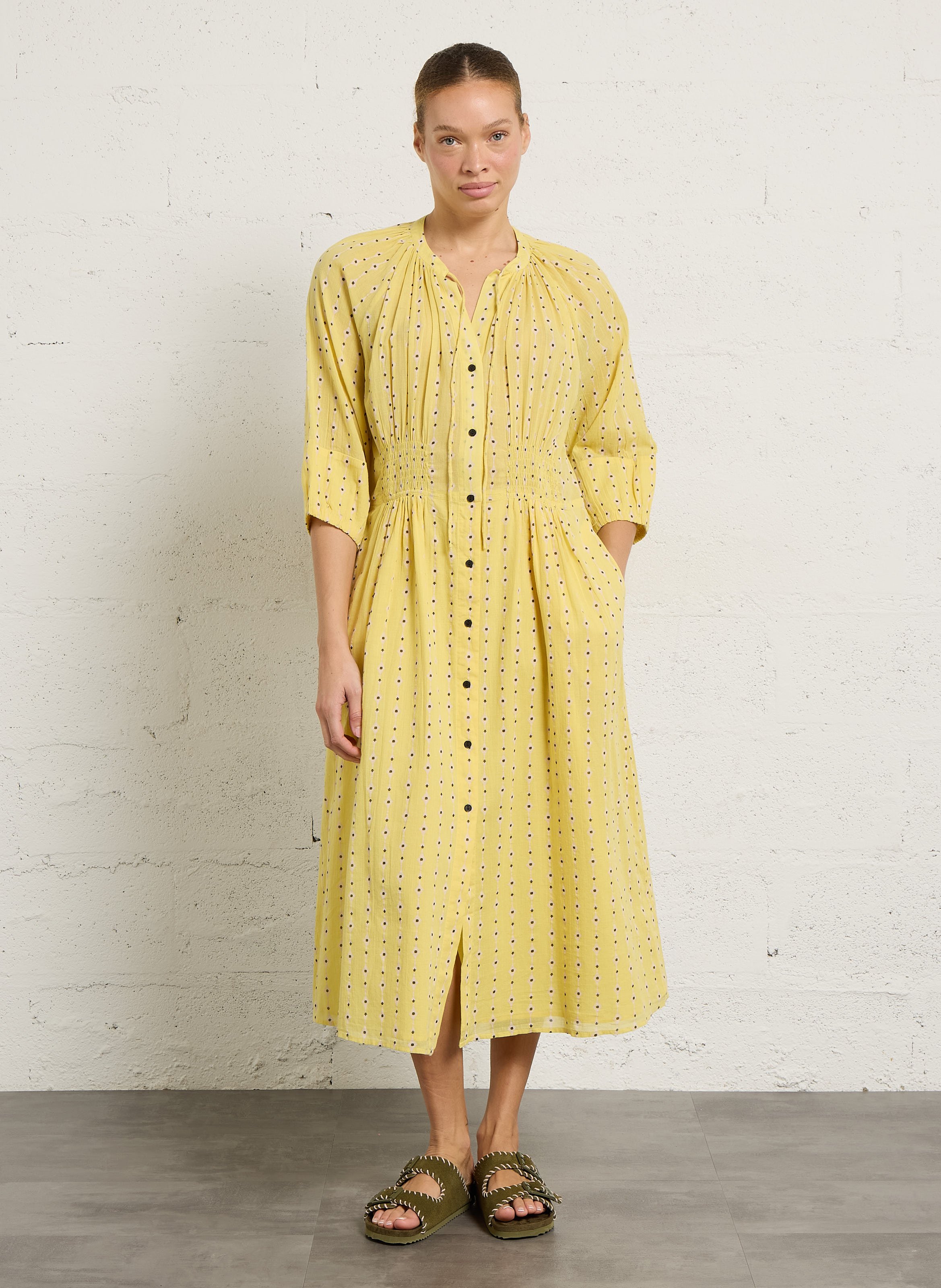 Langes Rundhals-Bio-Baumwolldruckkleid LEON & HARPER Gelb