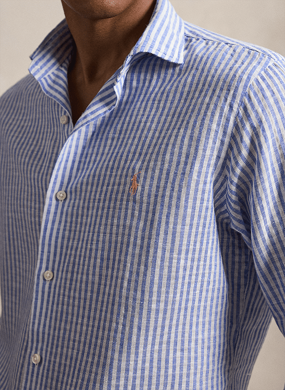 Straight classic collar shirt in striped linen and cotton Blue