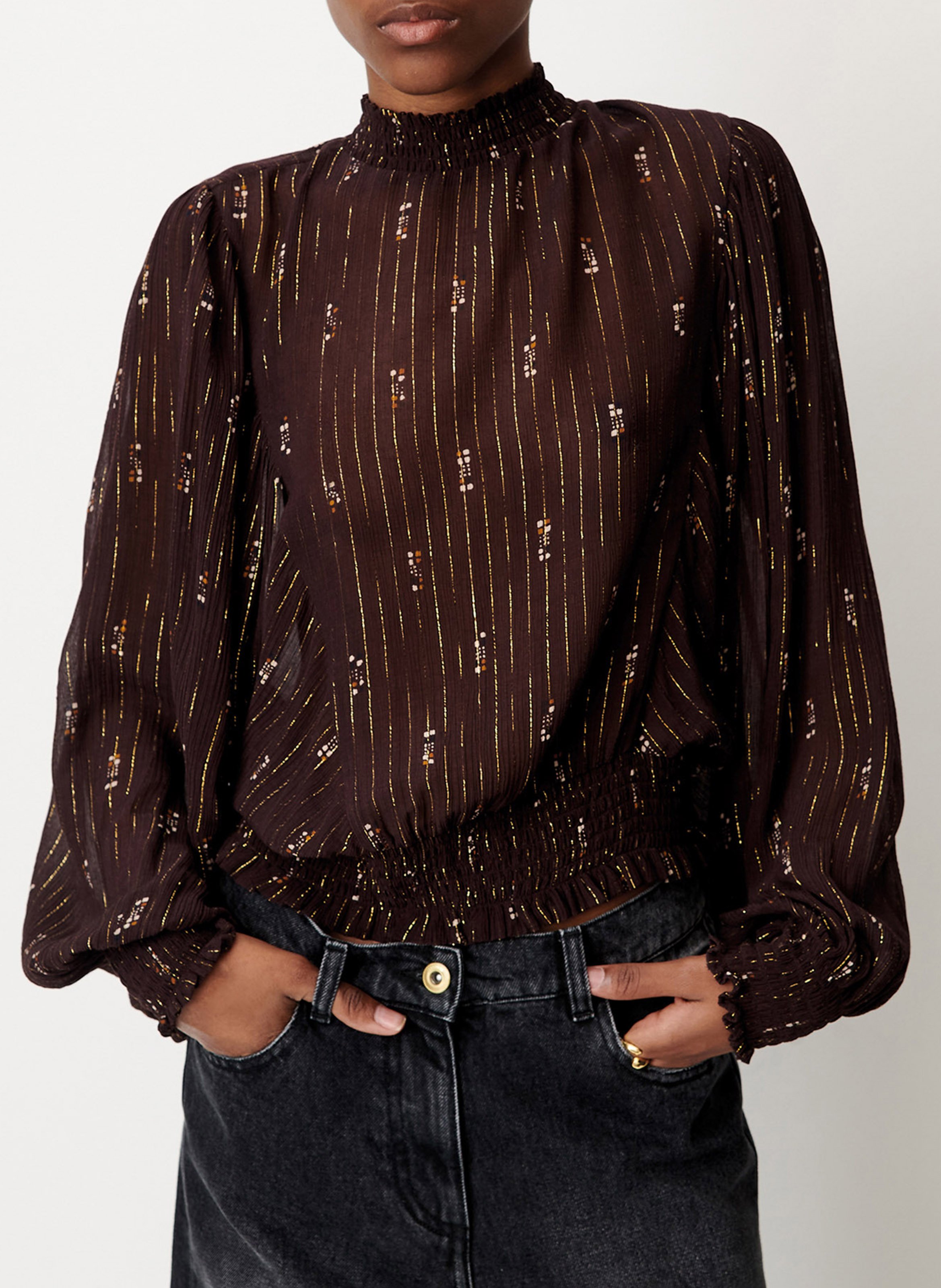 Blouse col montant droite imprimée SESSUN Marron