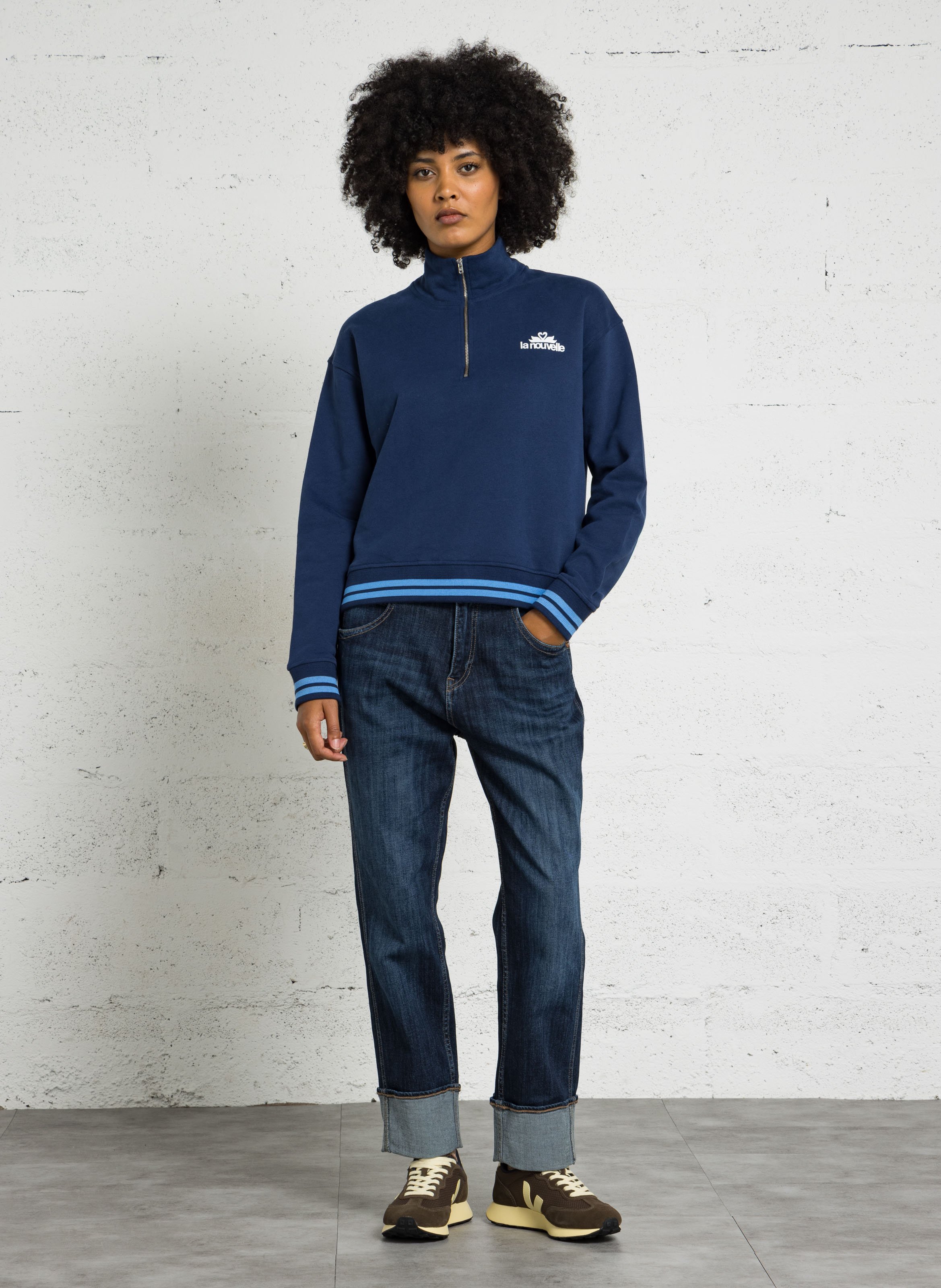Sweater with logo and high collar in organic cotton LA NOUVELLE Blue