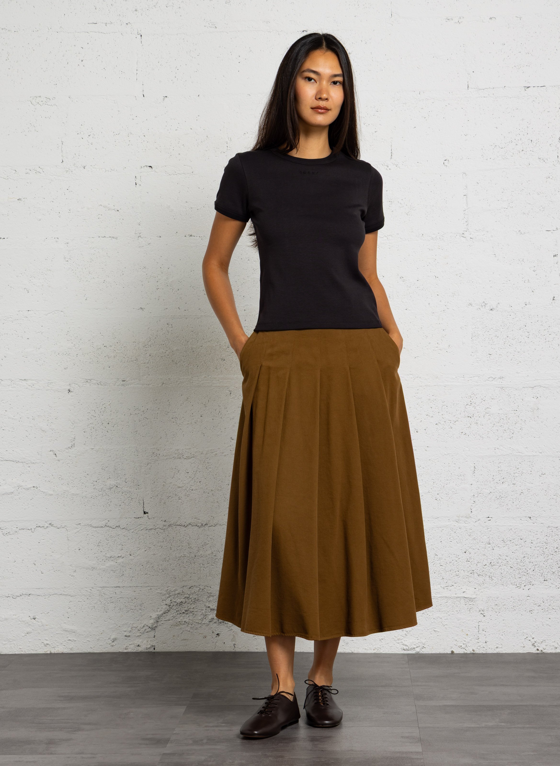 Pleated midi skirt in cotton and wool POMANDERE Brown