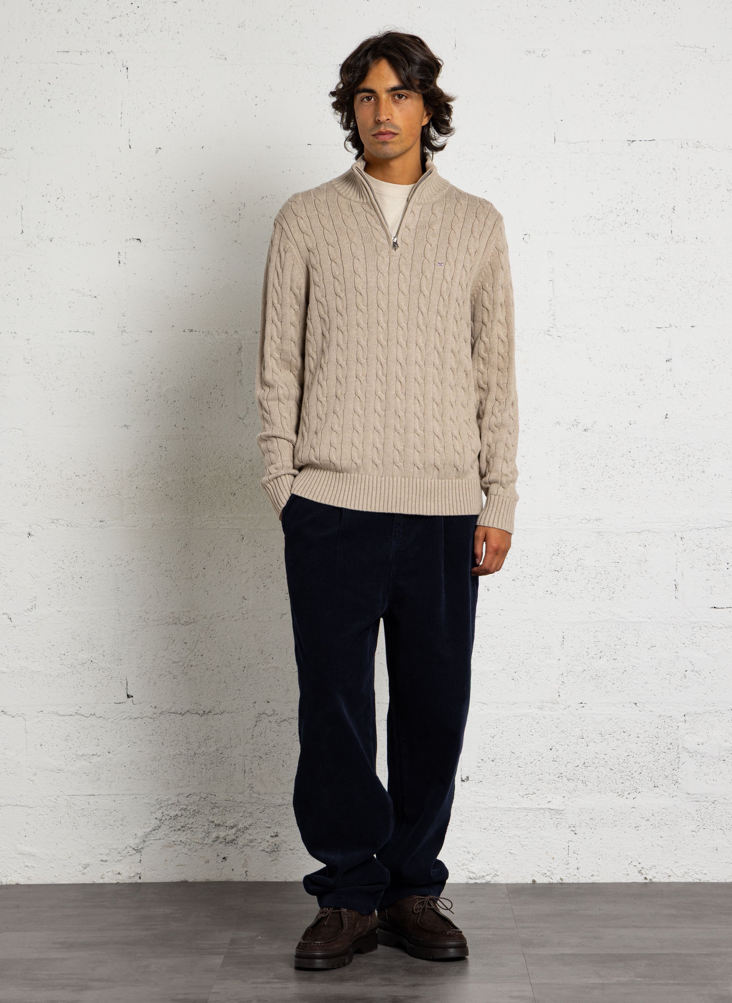 Gestrickter Baumwollpullover mit Zopfmuster EDEN PARK Beige