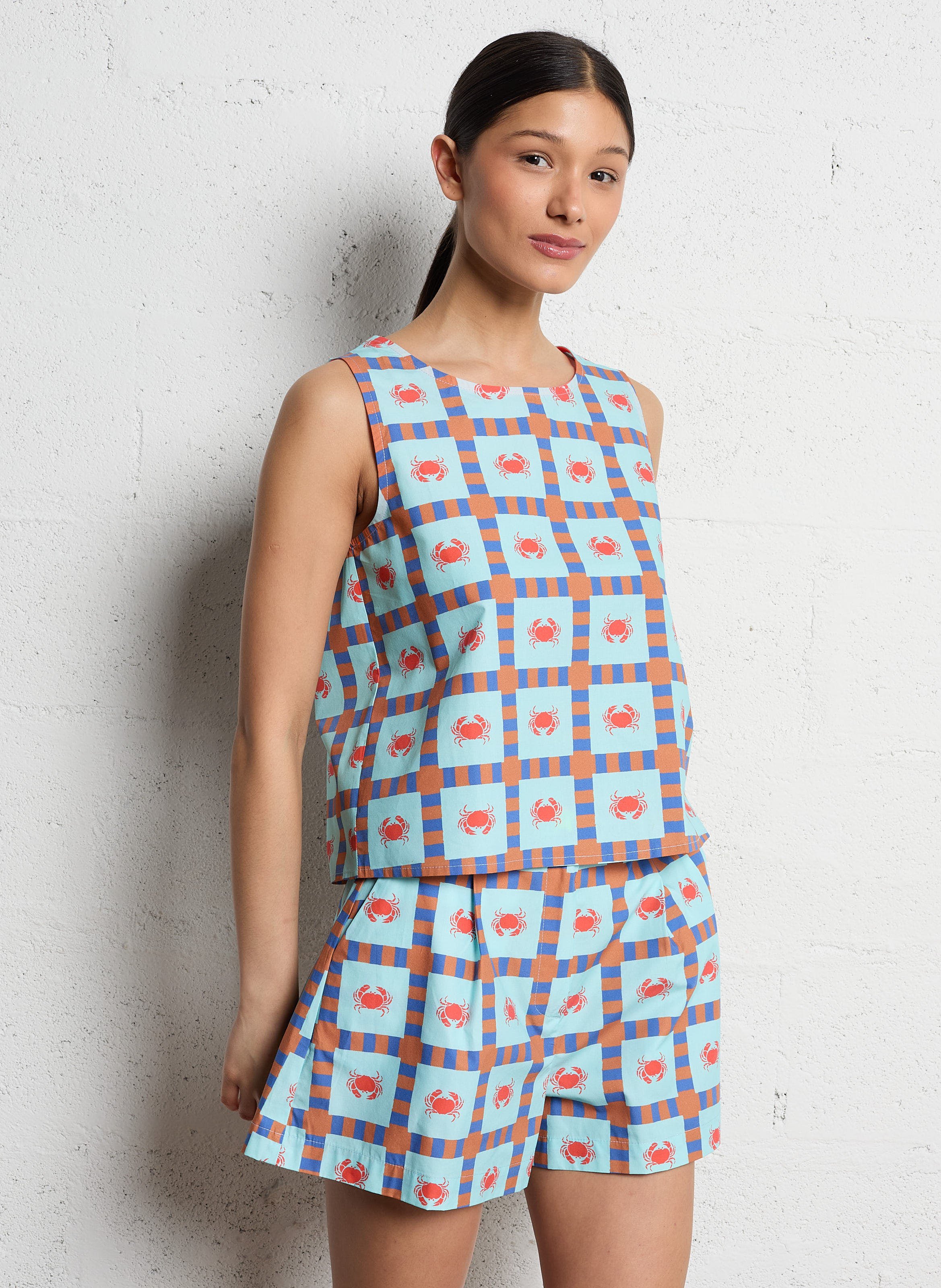 Top col rond droit en coton imprimé Bleu