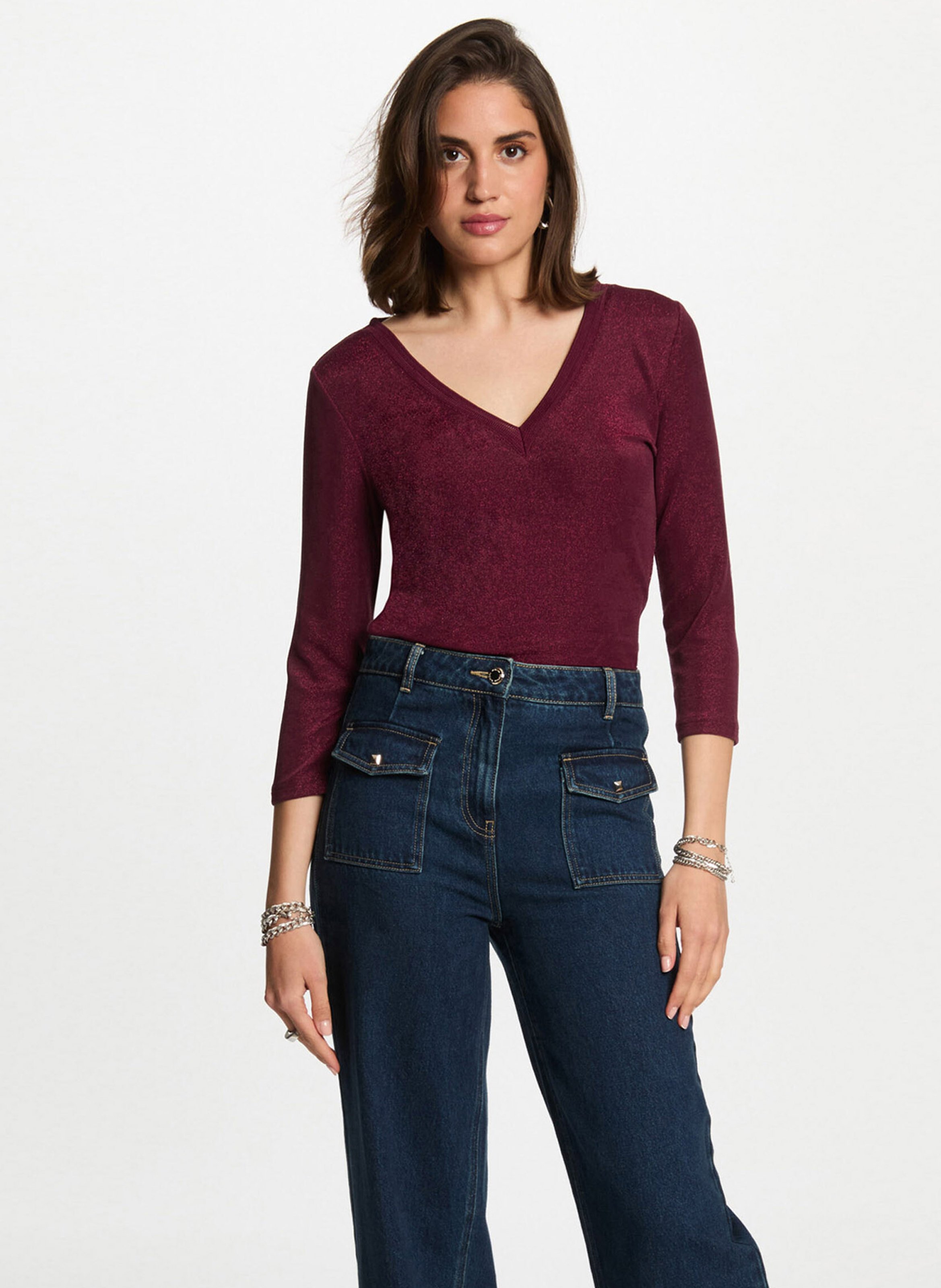 Buttoned printed V-neck top MORGAN Purple