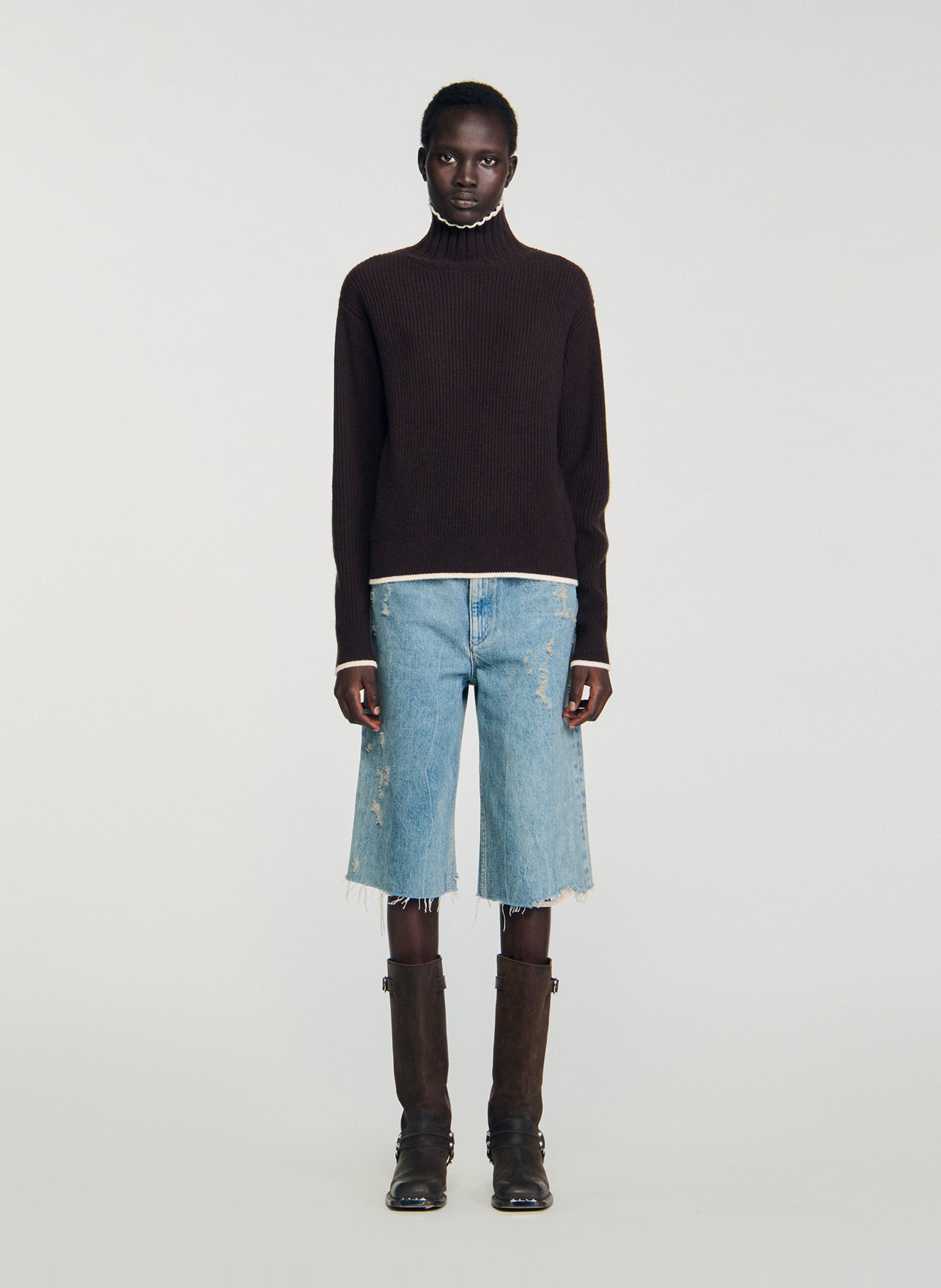 Pull col montant en laine mélangée SANDRO Marron