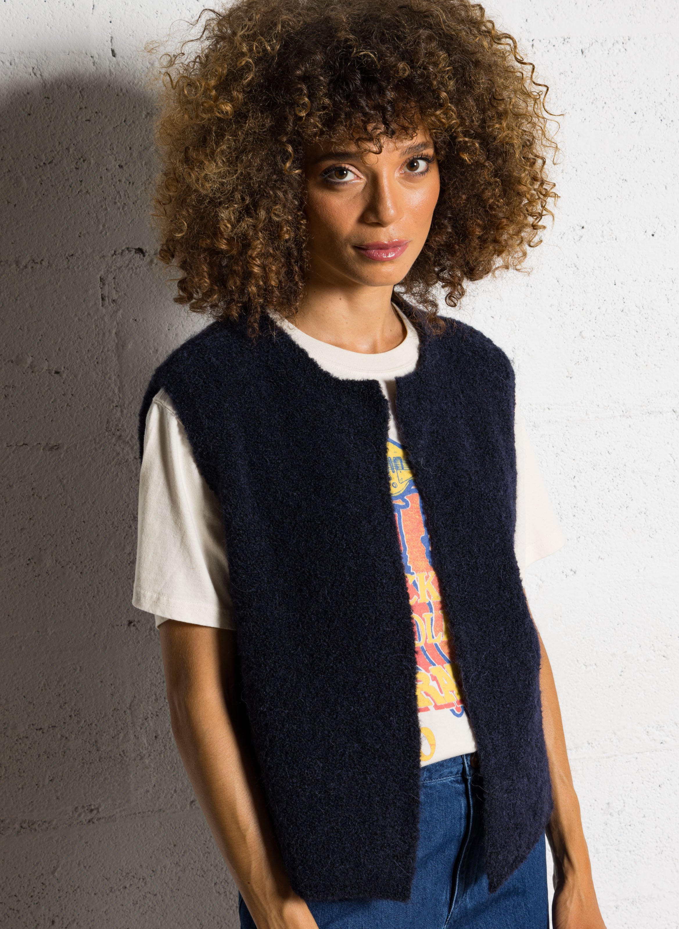 Round-neck mixed-knit cardigan DES PETITS HAUTS Blue