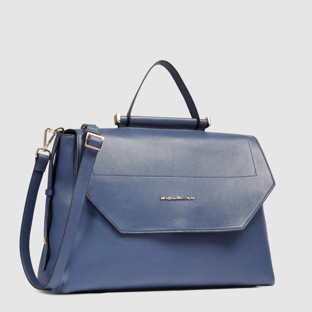 Women's leather satchel bag with laptop compartment, shockproof protection, and RFID shielding PIQUADRO Blue