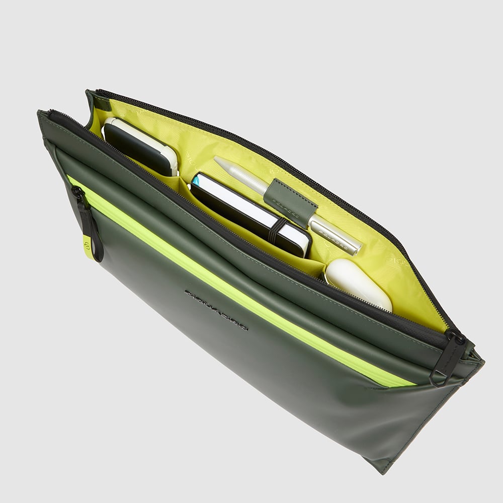 Water-repellent canvas clutch for iPad® with pocket for AirPods® PIQUADRO Green