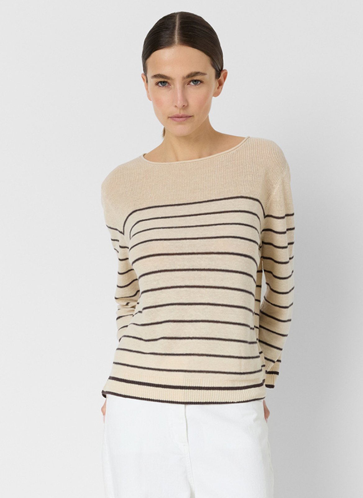 Pull droit col bateau en lin mélangé rayé GERARD DAREL Marron
